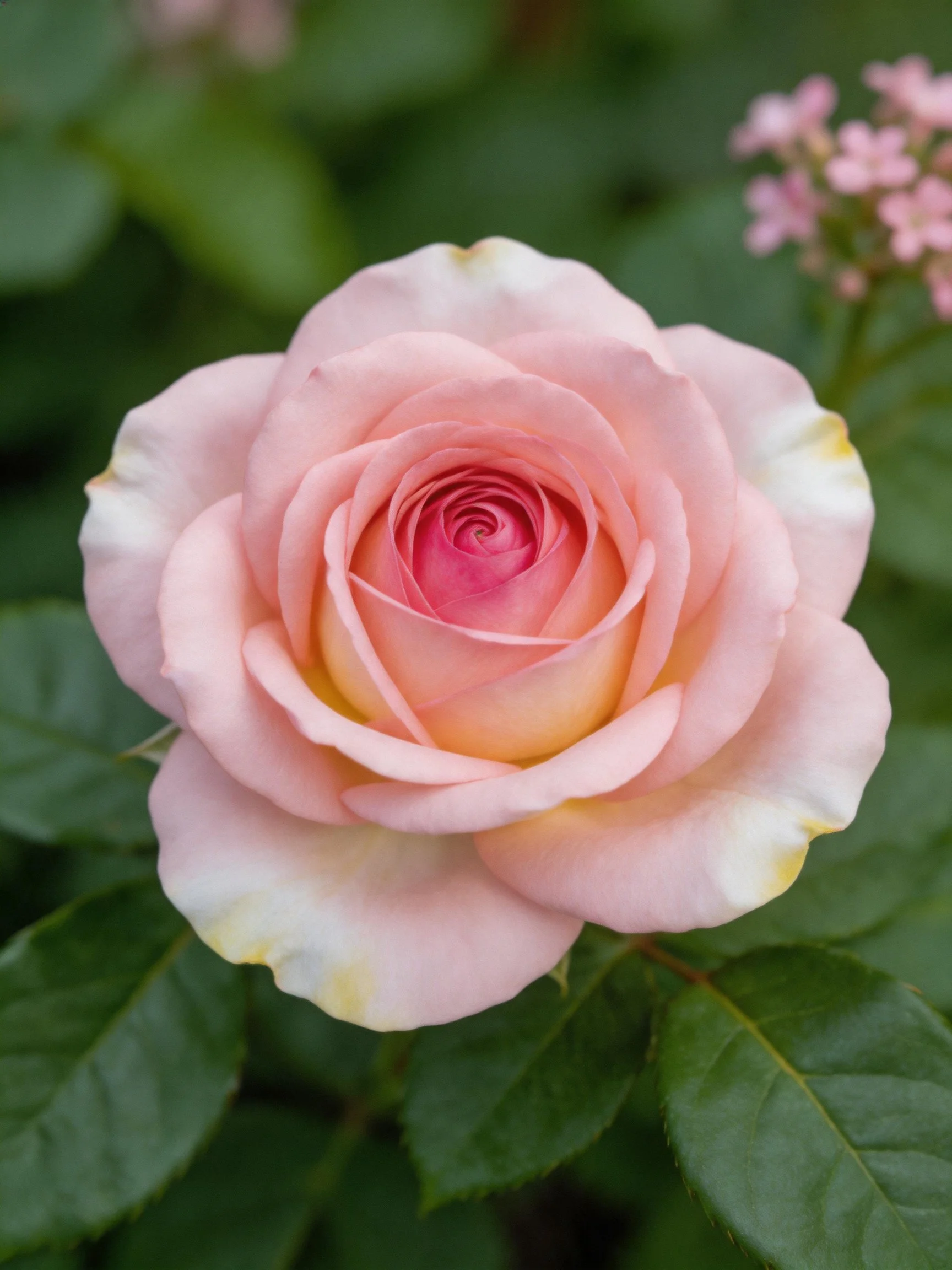 A soft pink rose with layered petals amidst green foliage