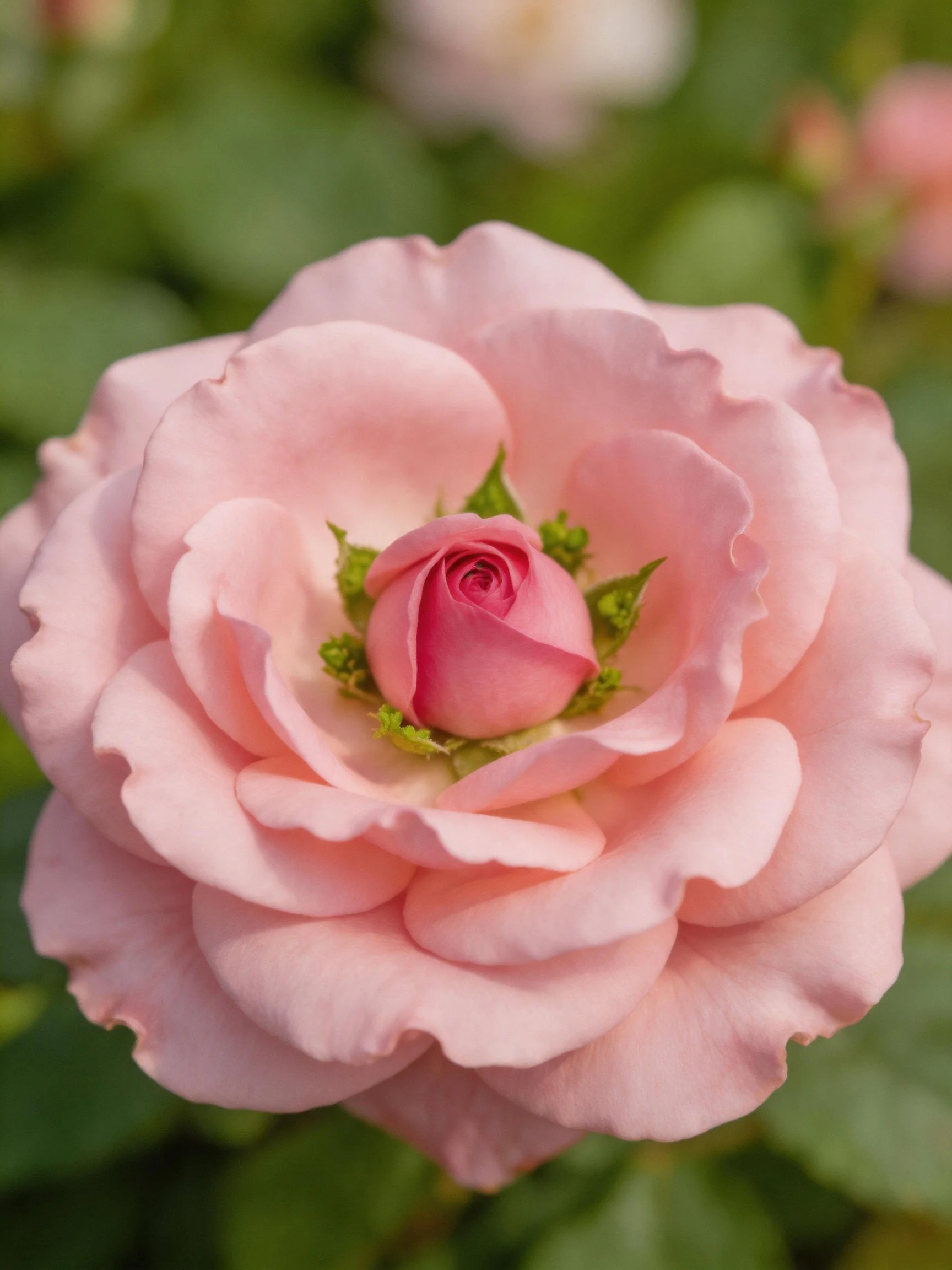 A soft pink rose with layered petals and a central bud