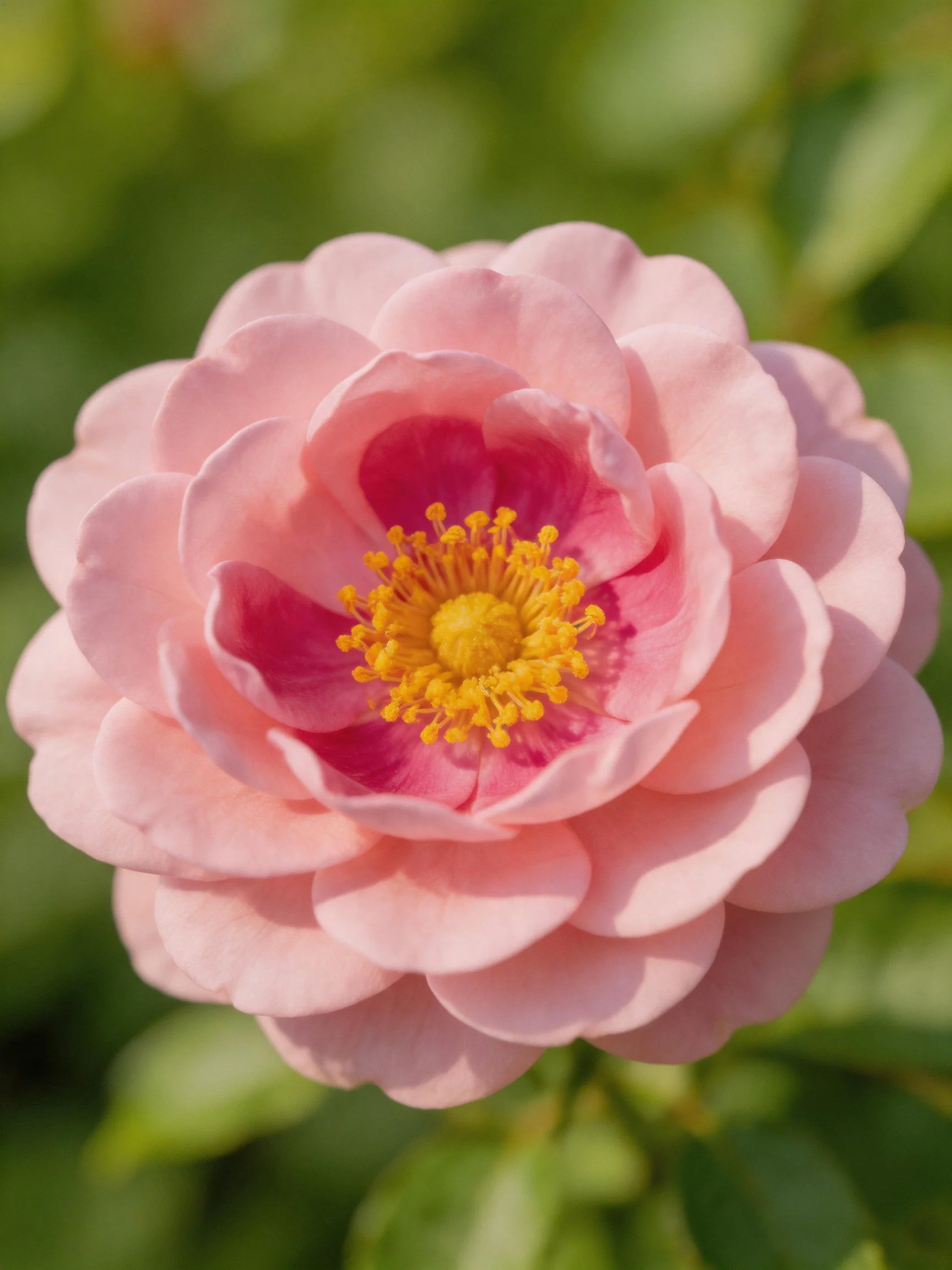 A soft pink rose with layered petals and a golden center