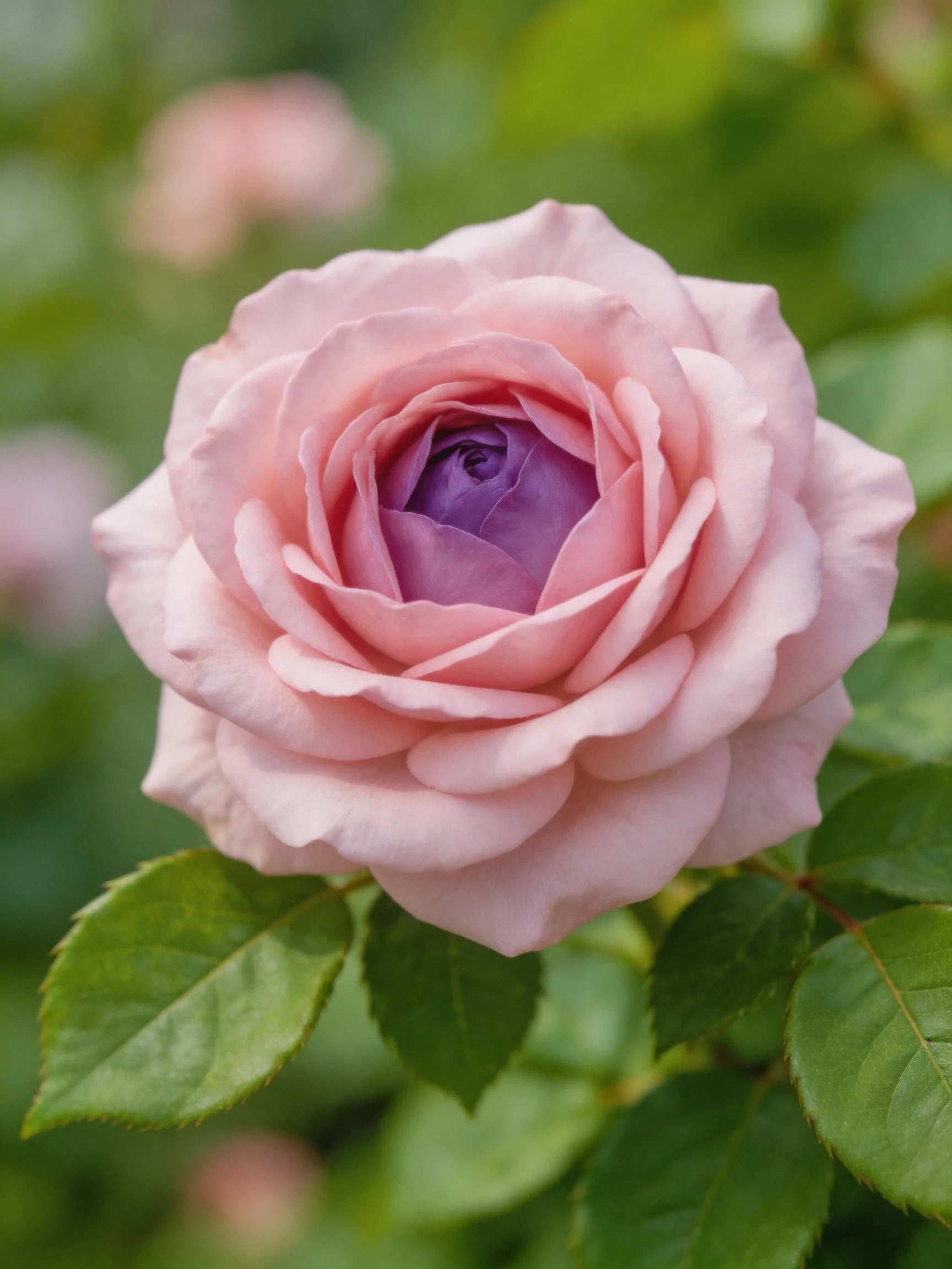 A soft pink rose with layered petals and a purple center