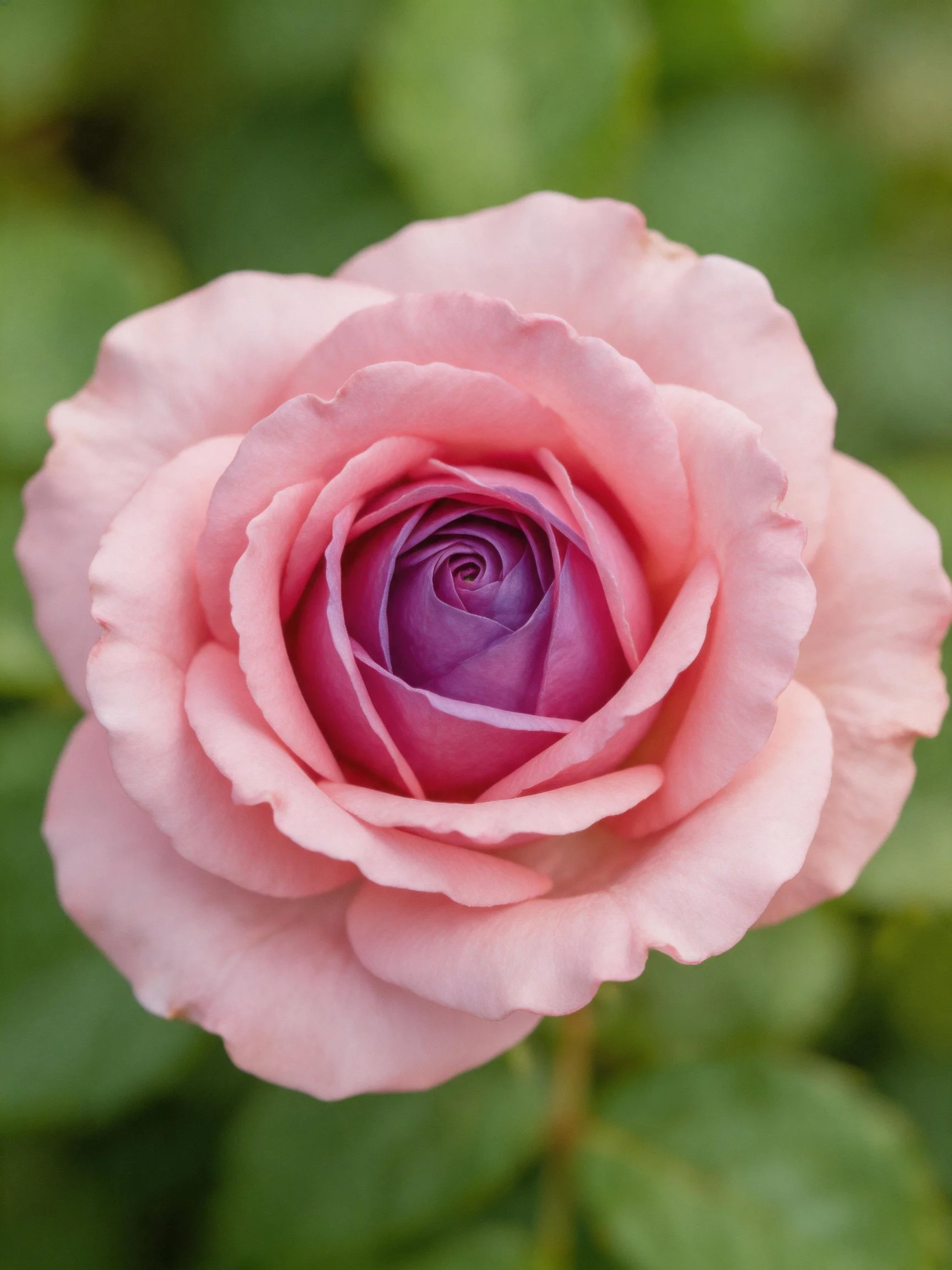 A soft pink rose with layered petals and a vibrant purple center