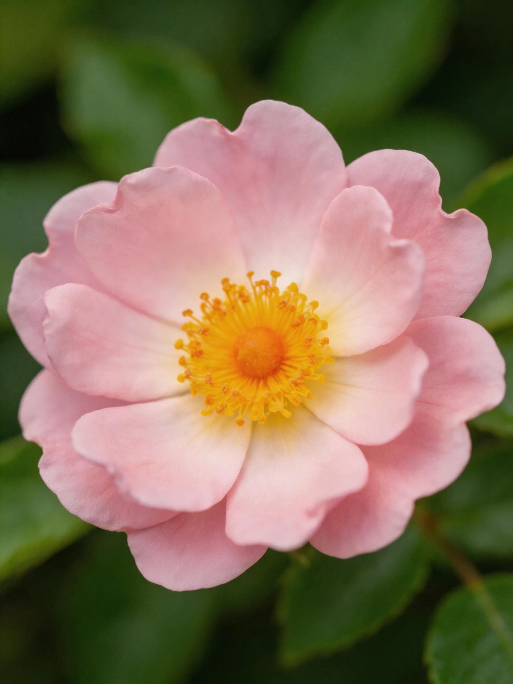 A soft pink rose with layered petals and golden center