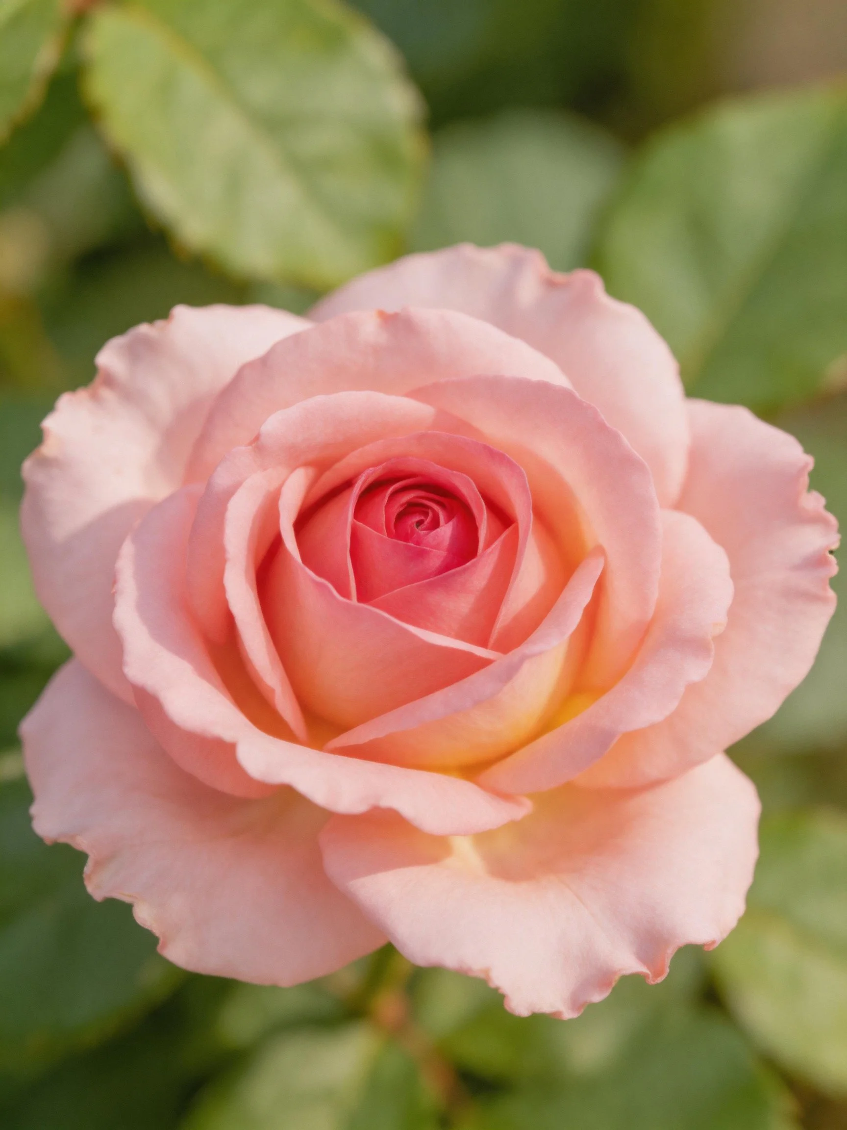 A soft pink rose with layered petals and green foliage