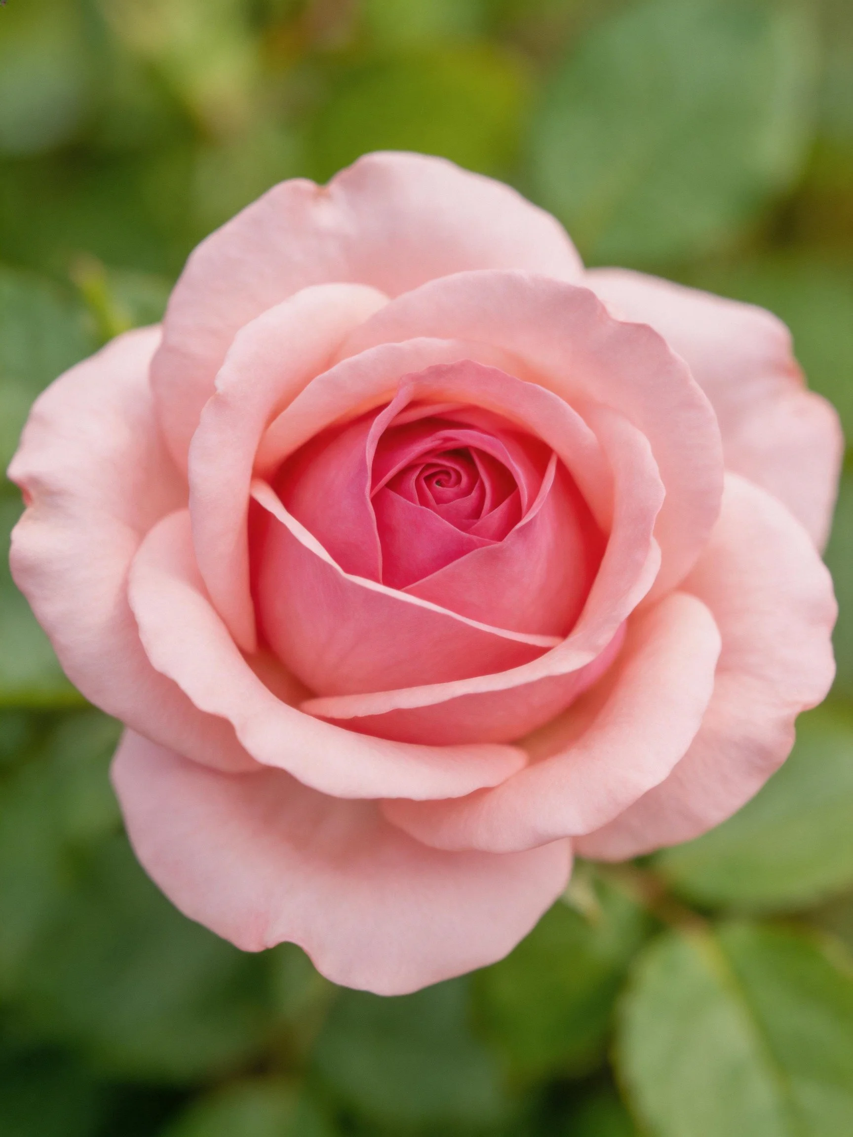 A soft pink rose with layered petals and green foliage backdrop