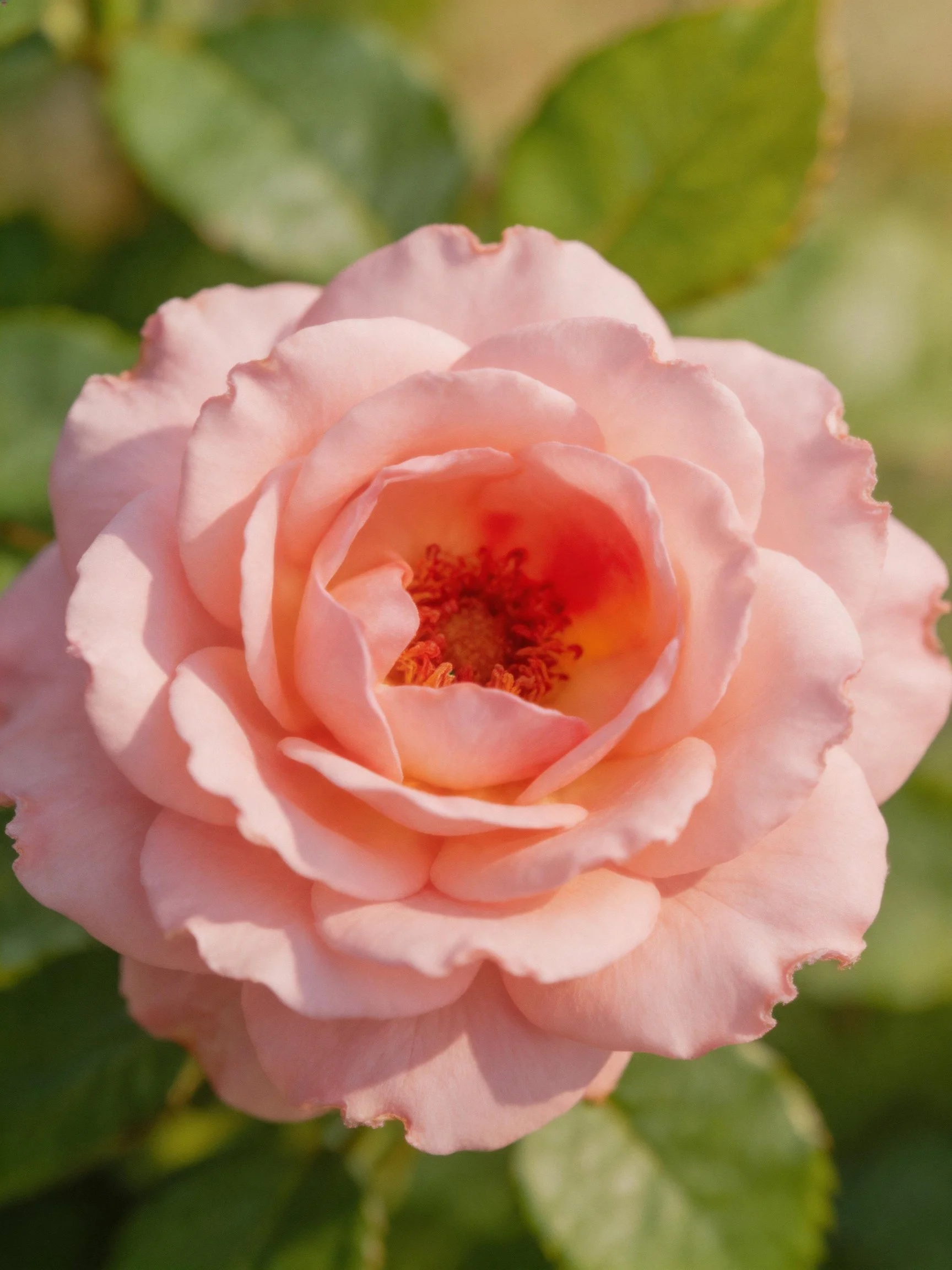 A soft pink rose with layered petals and green foliage