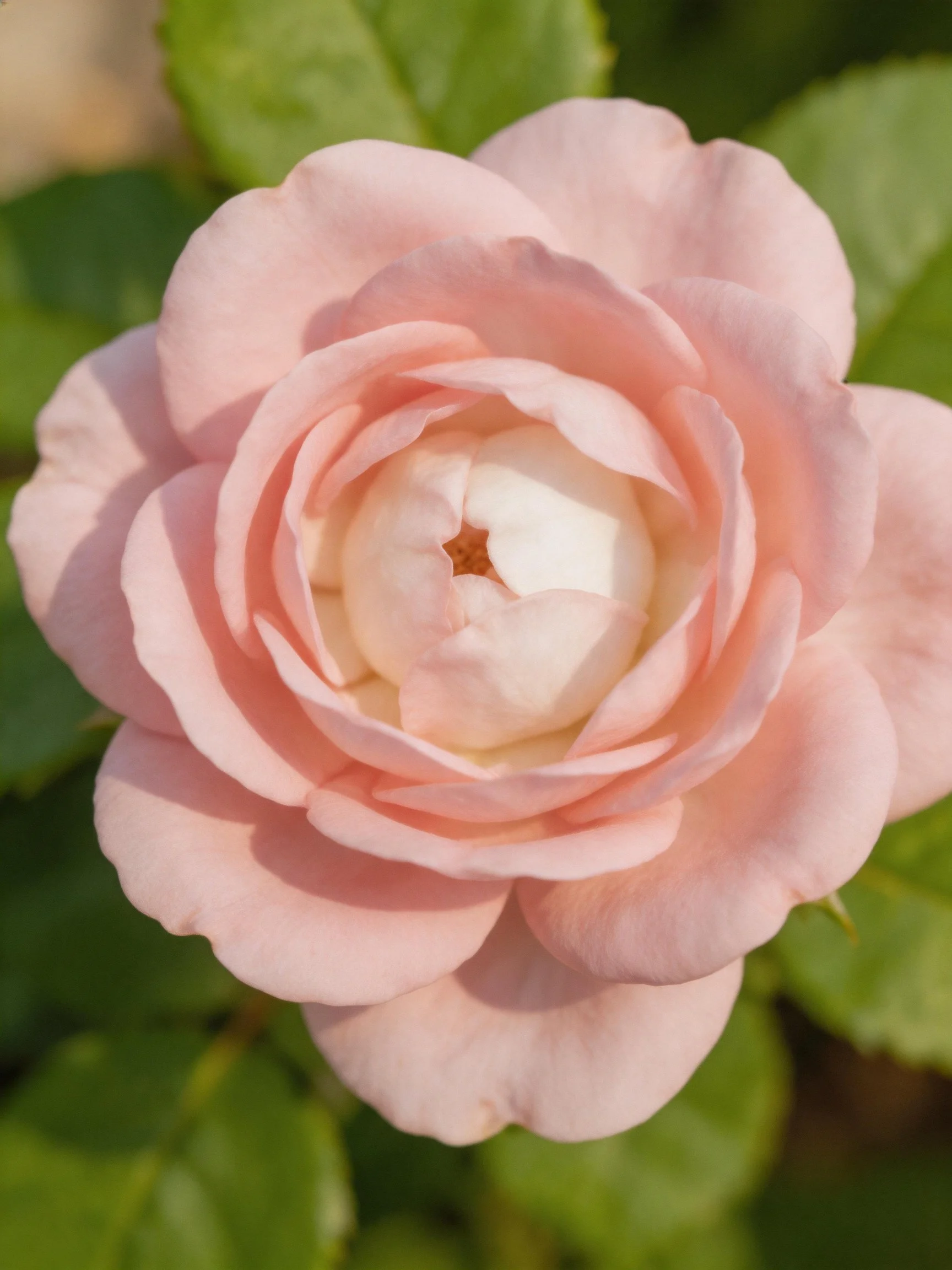 A soft pink rose with layered petals and green foliage