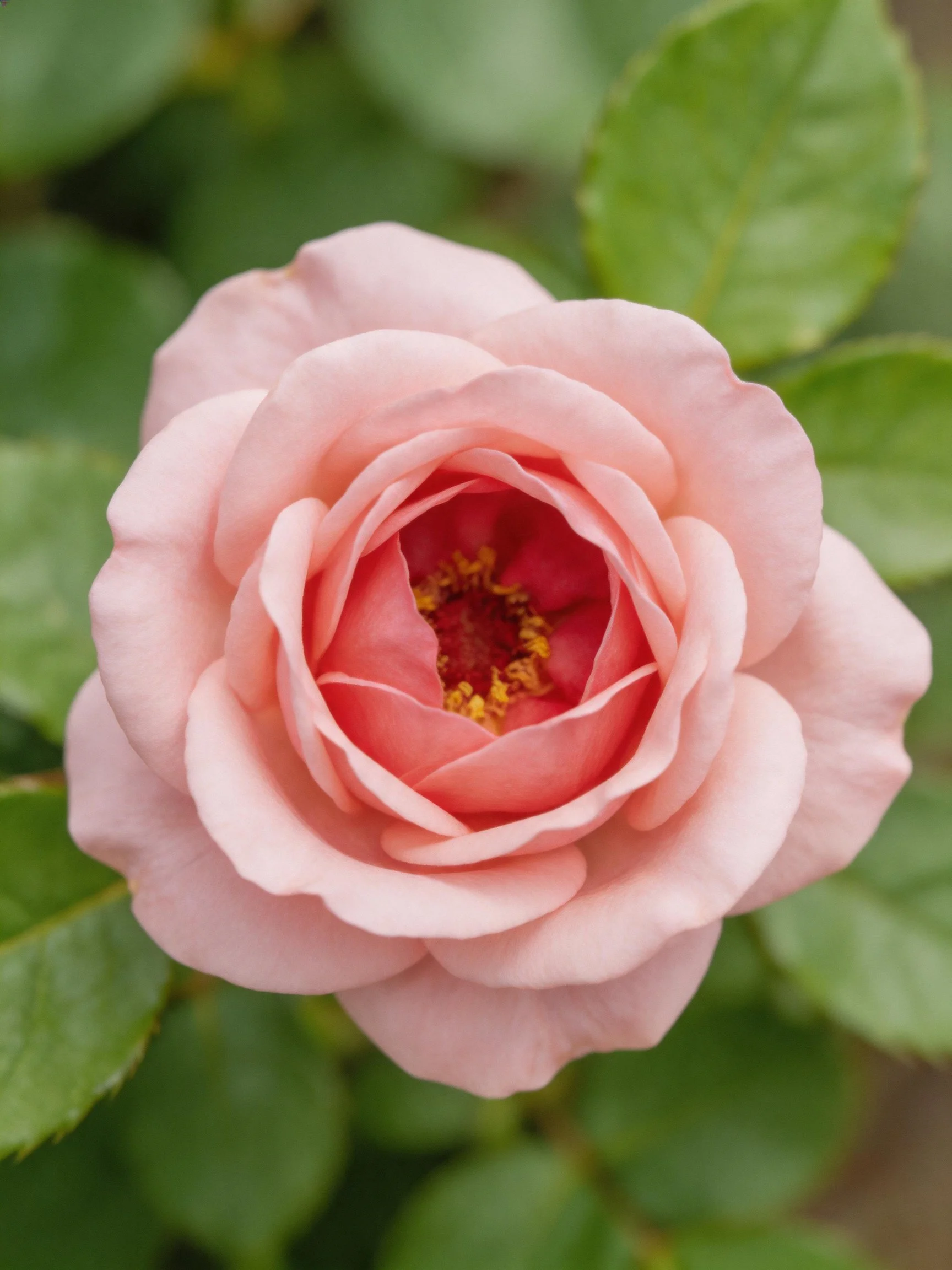 A soft pink rose with layered petals and green leaves