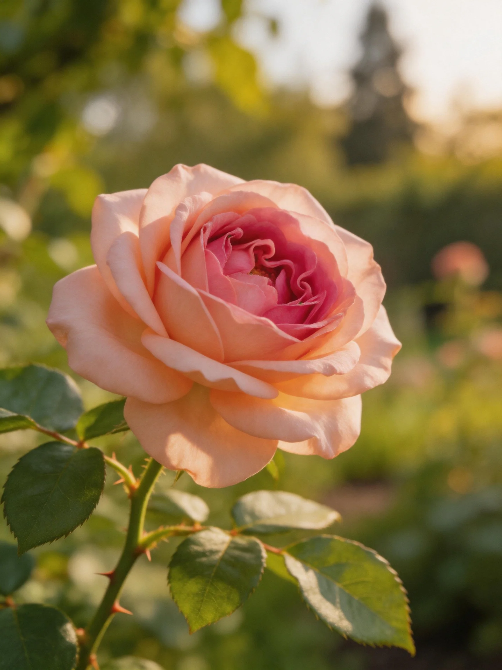 A soft pink rose with layered petals and green leaves