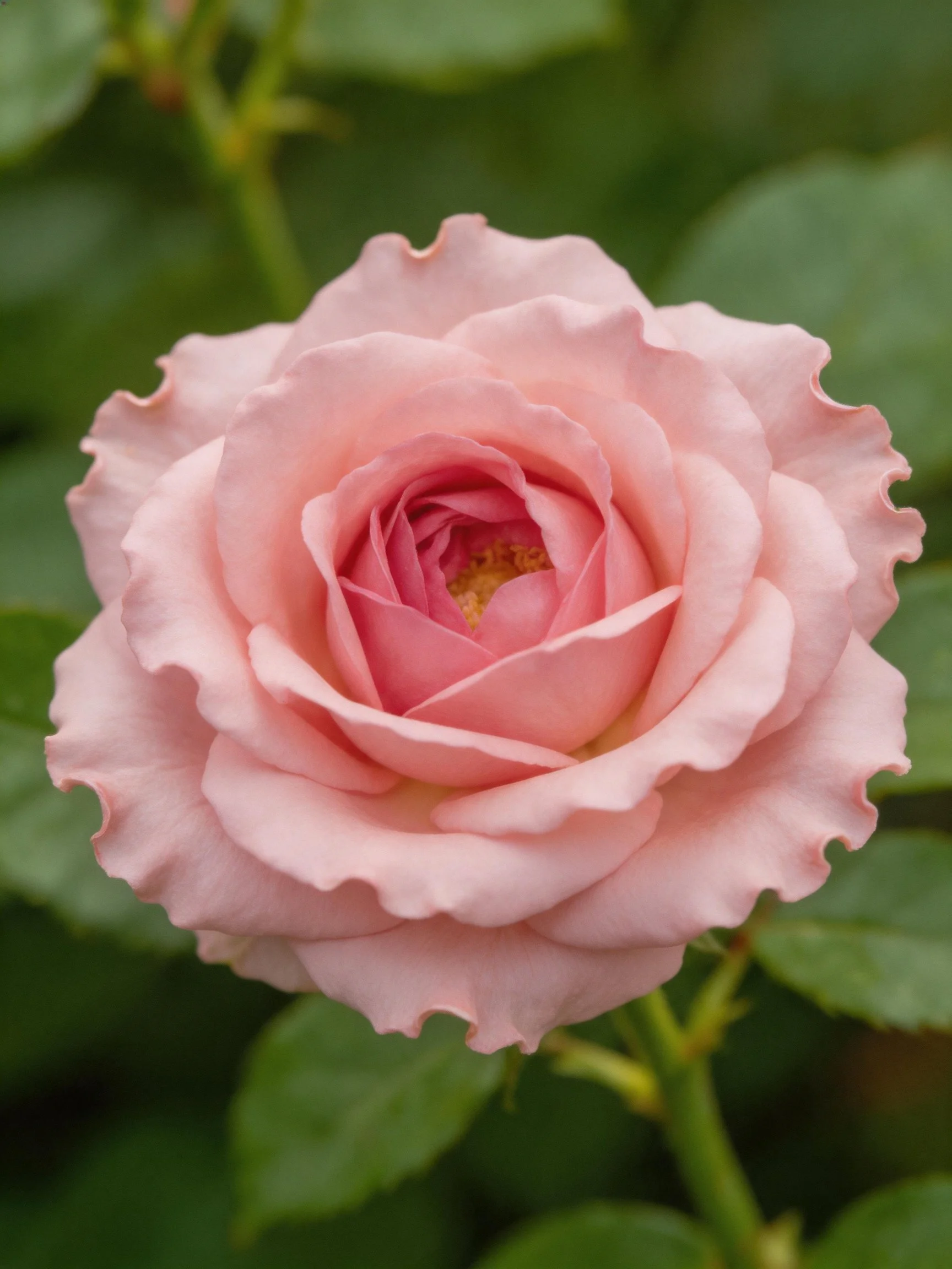 A soft pink rose with layered petals and green leaves