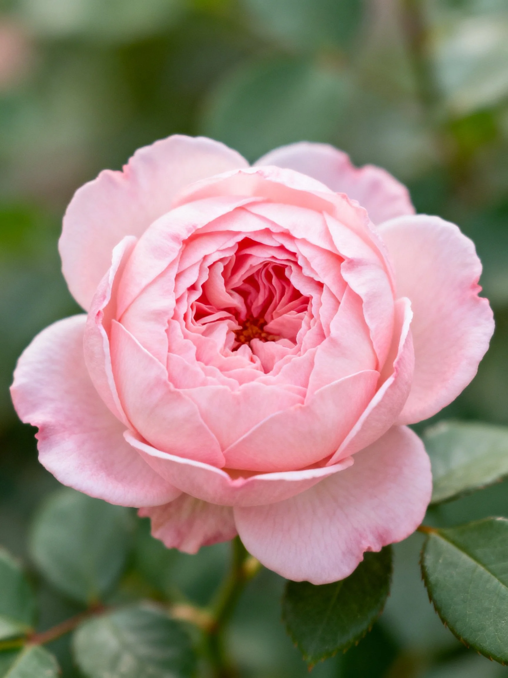 A soft pink rose with layered petals and green leaves.