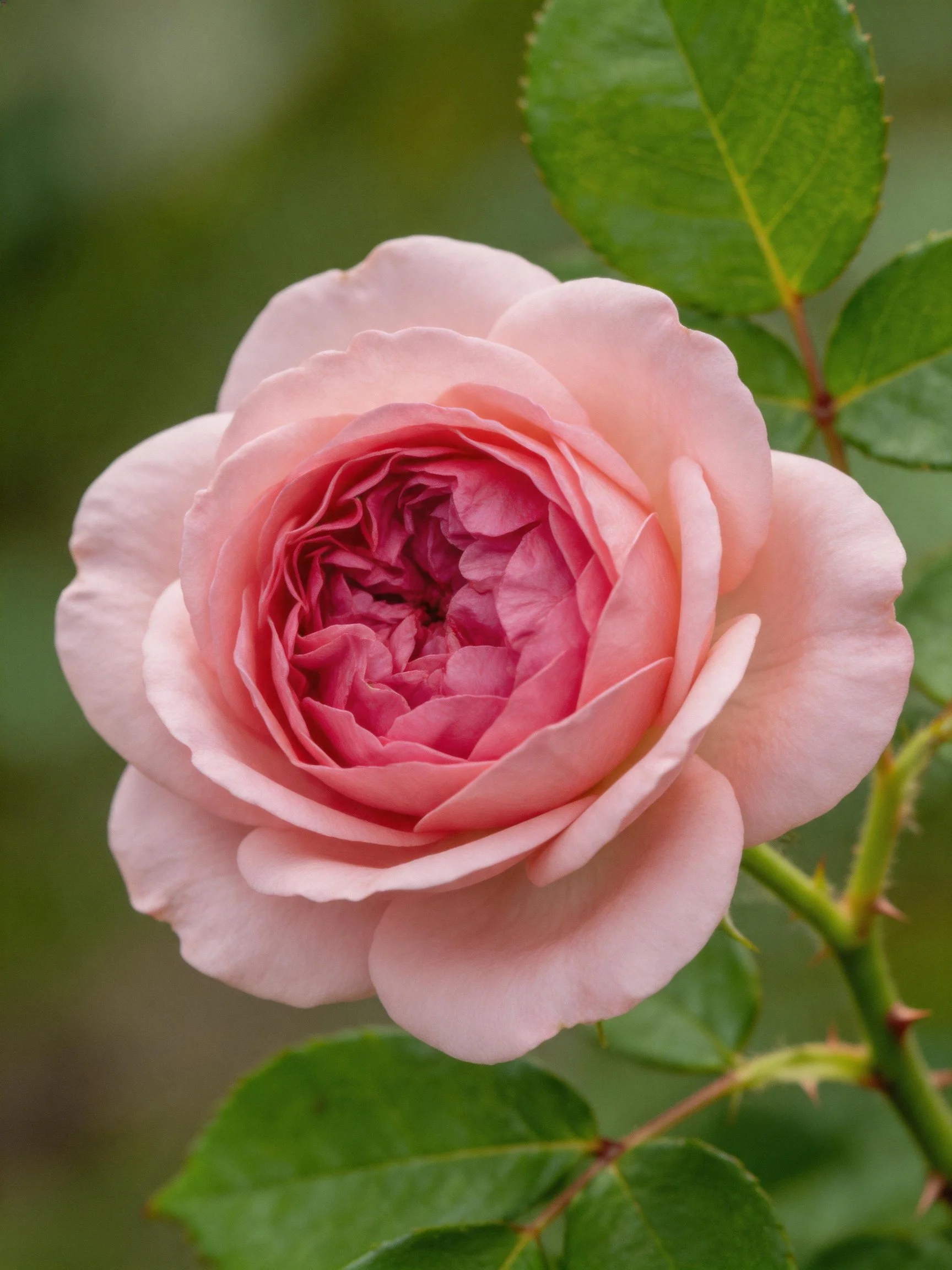 A soft pink rose with layered petals and vibrant green leaves