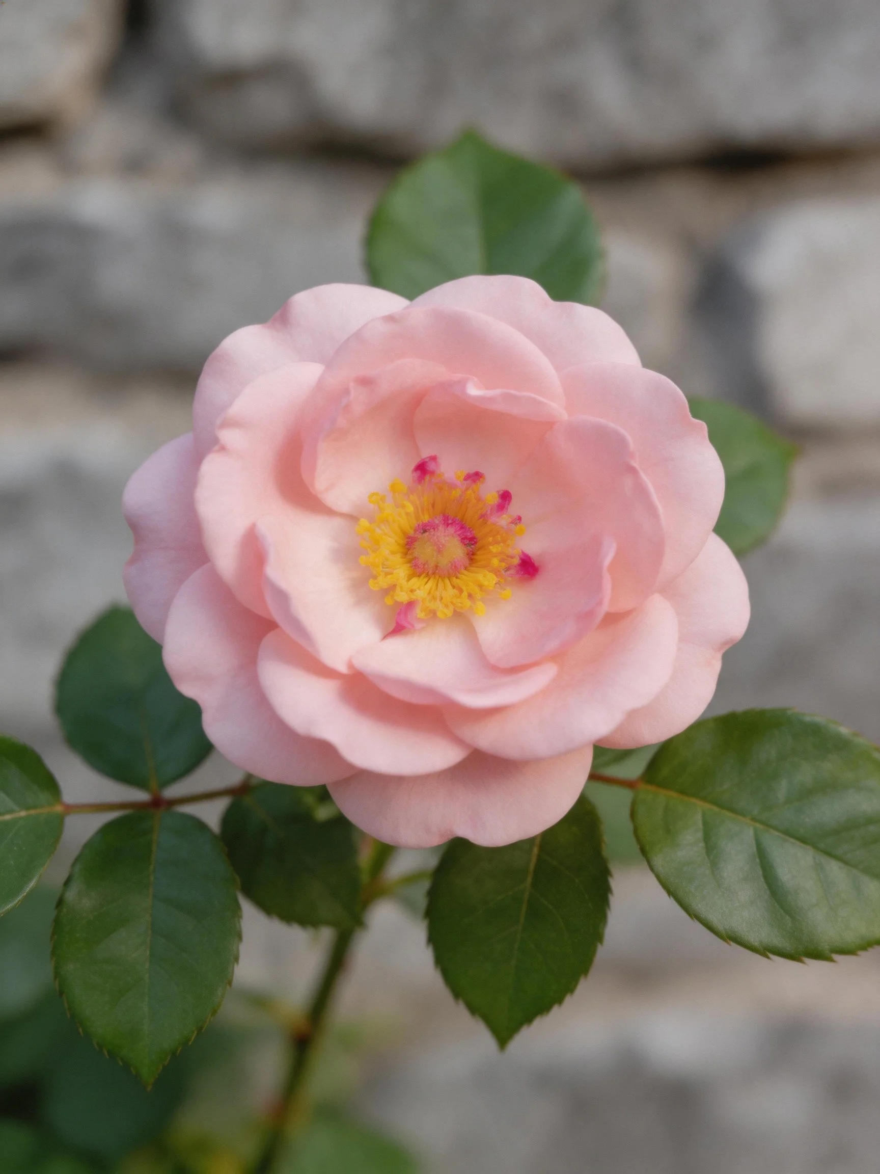 A soft pink rose with layered petals near a stone wall