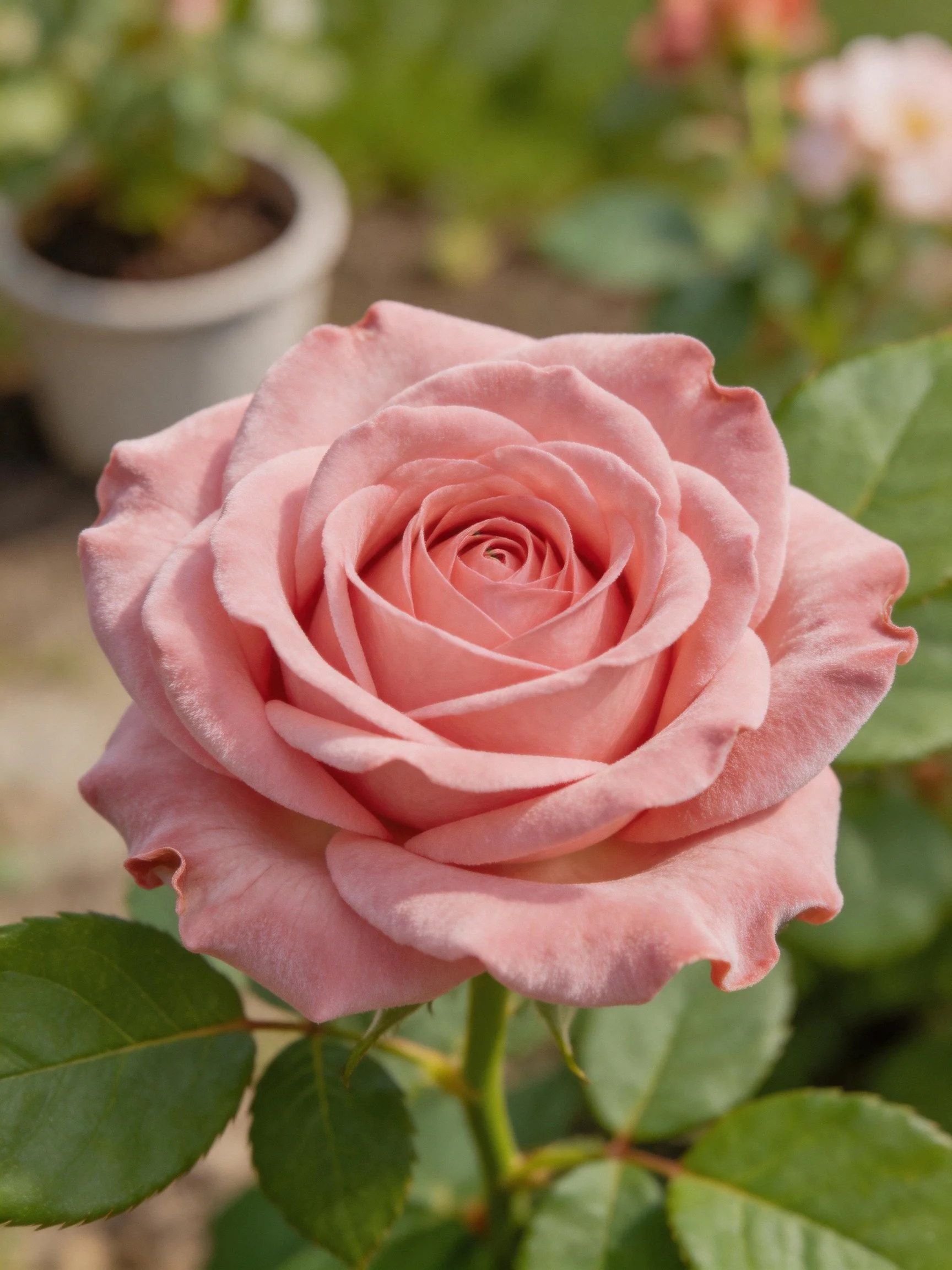 A soft pink rose with lush green leaves and potted plants