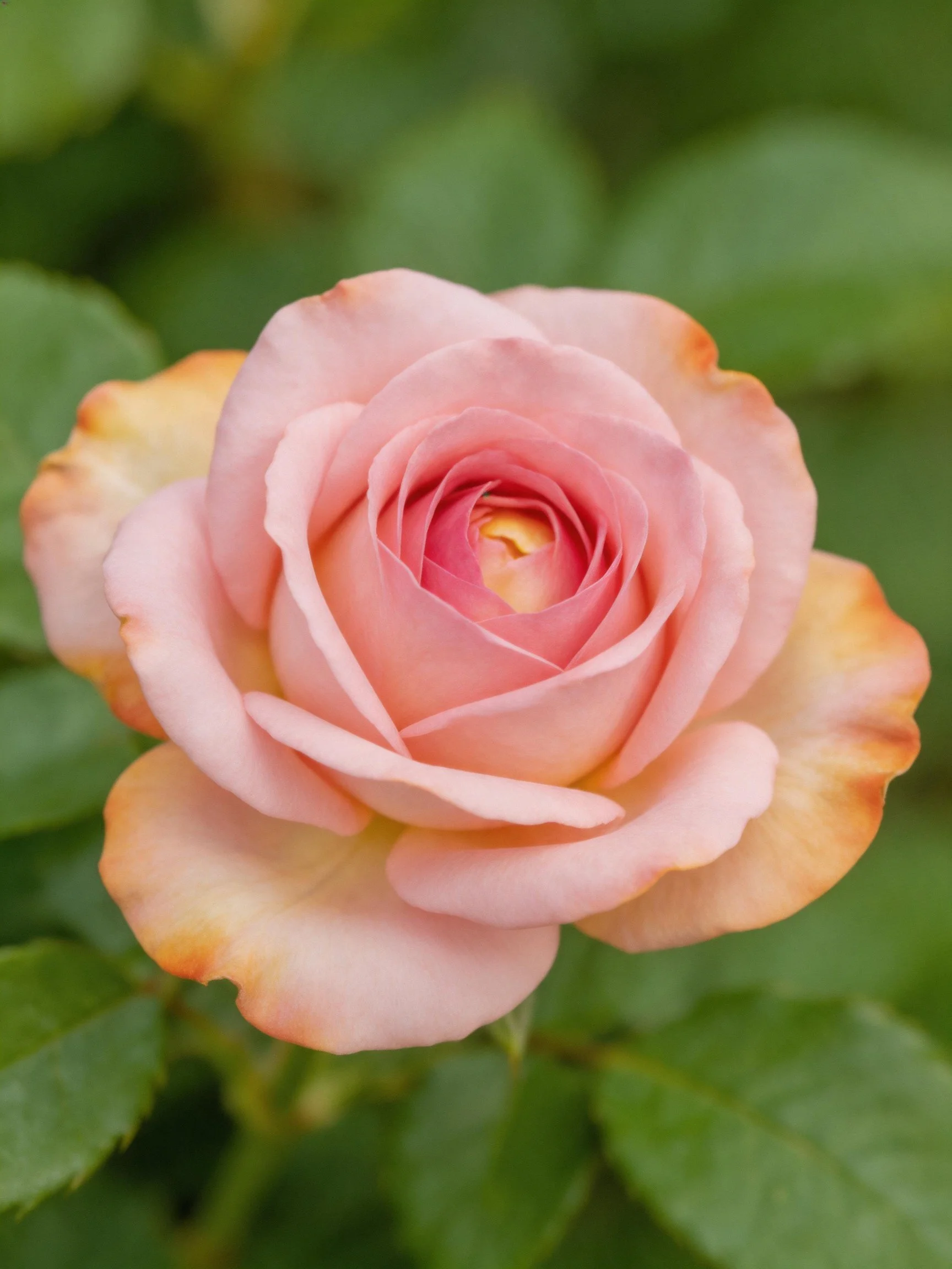 A soft pink rose with orange-tipped petals, surrounded by lush green leaves