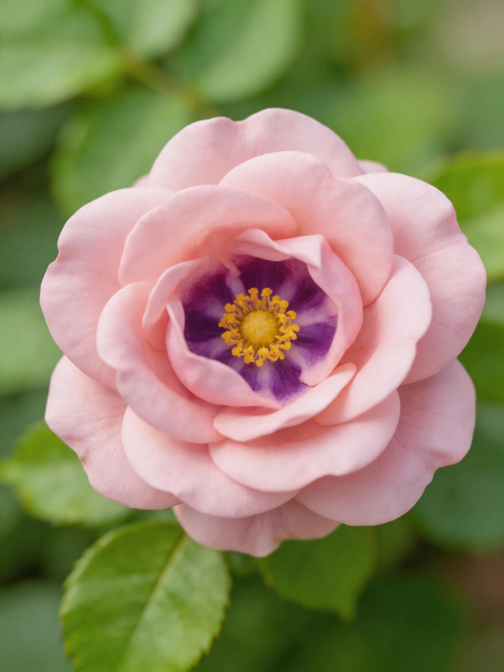 A soft pink rose with purple center and yellow stamens