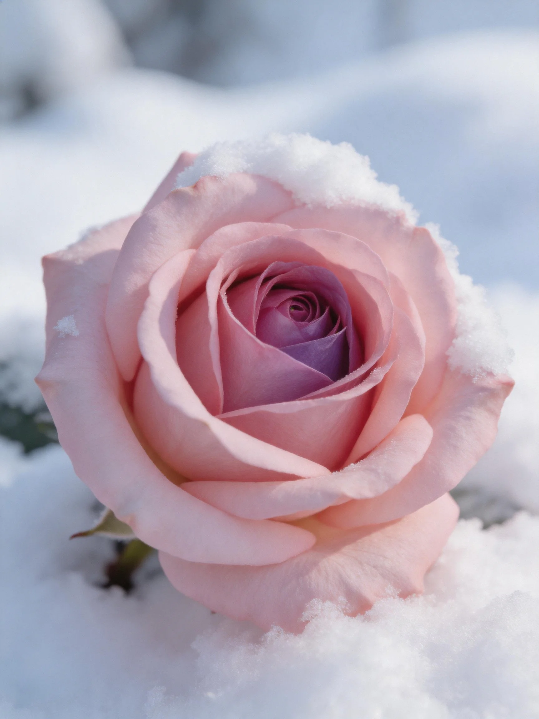 A soft pink rose with snow on its petals