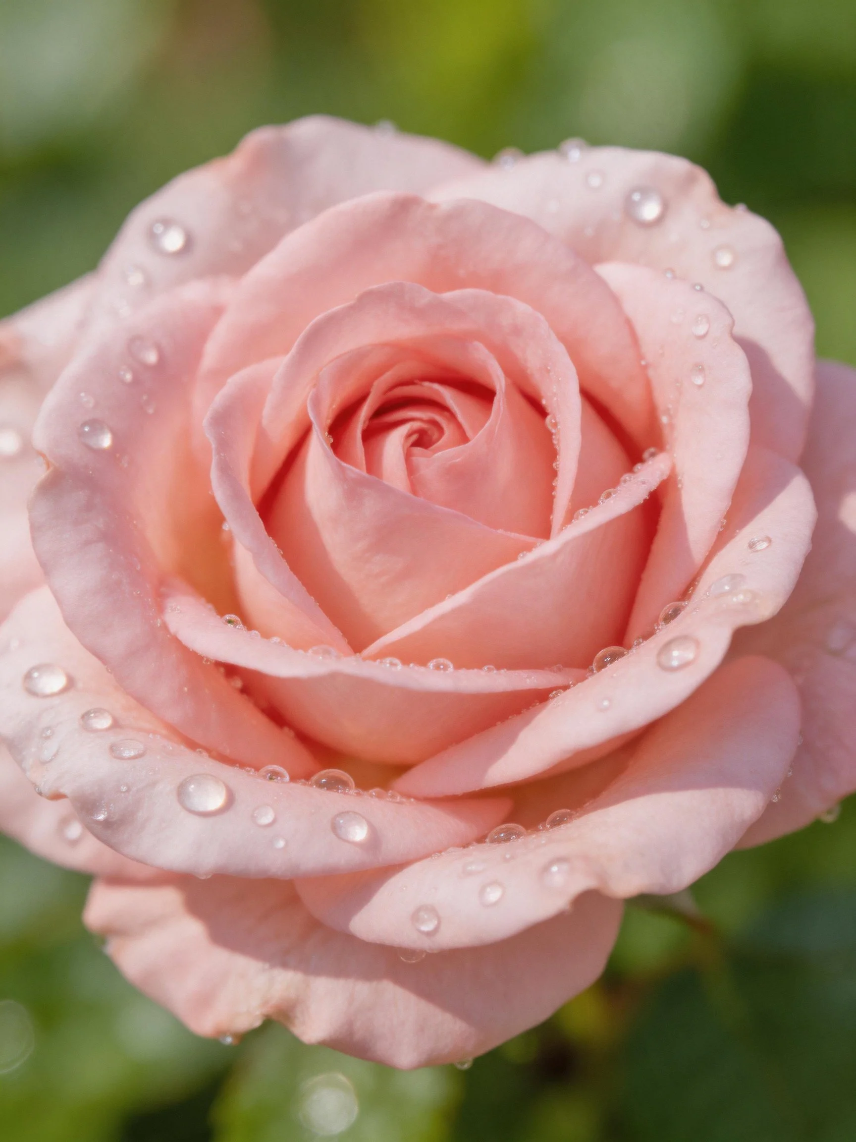 A soft pink rose with sparkling dewdrop - covered petals