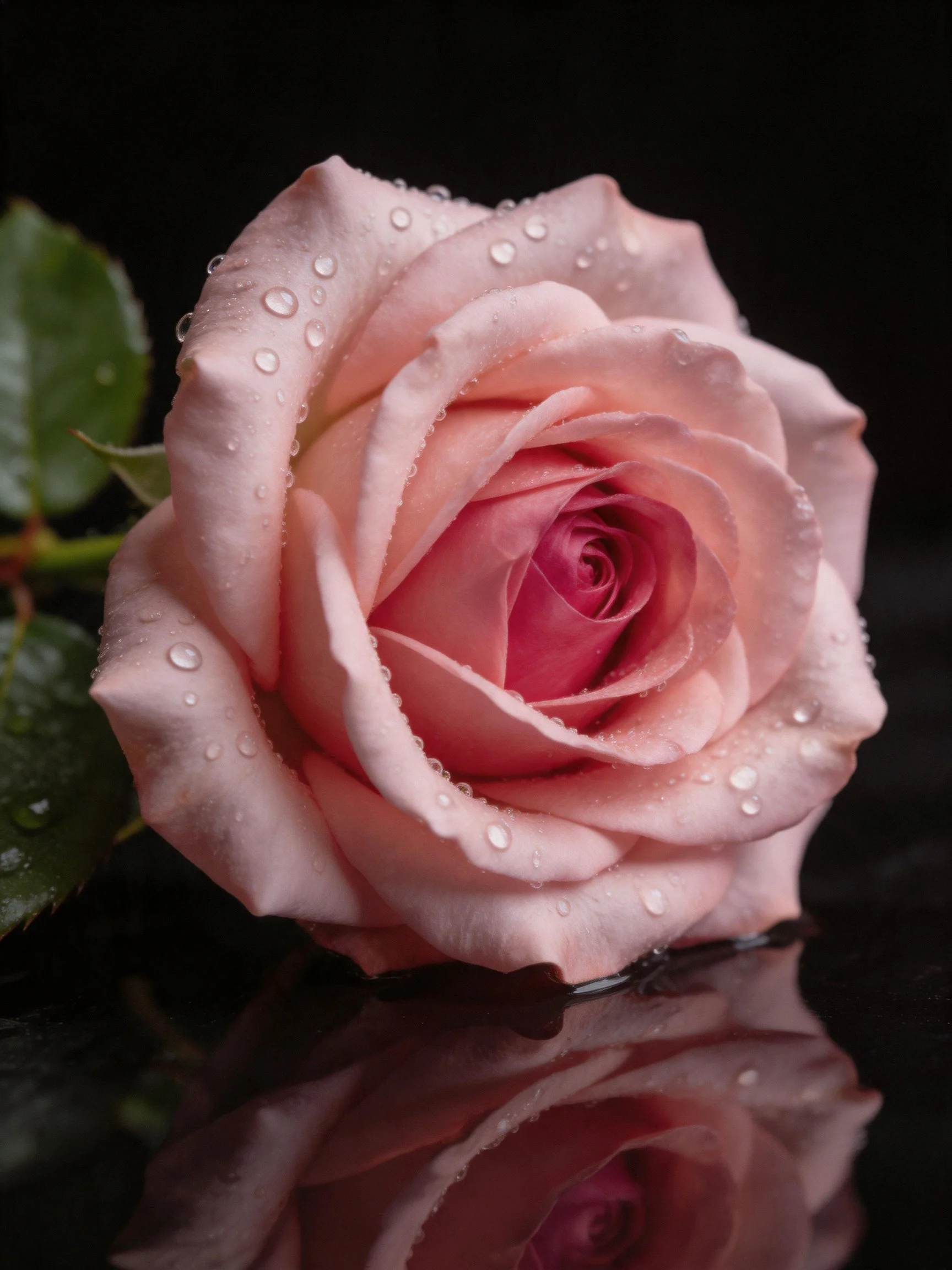 A soft pink rose with water droplets and green leaves