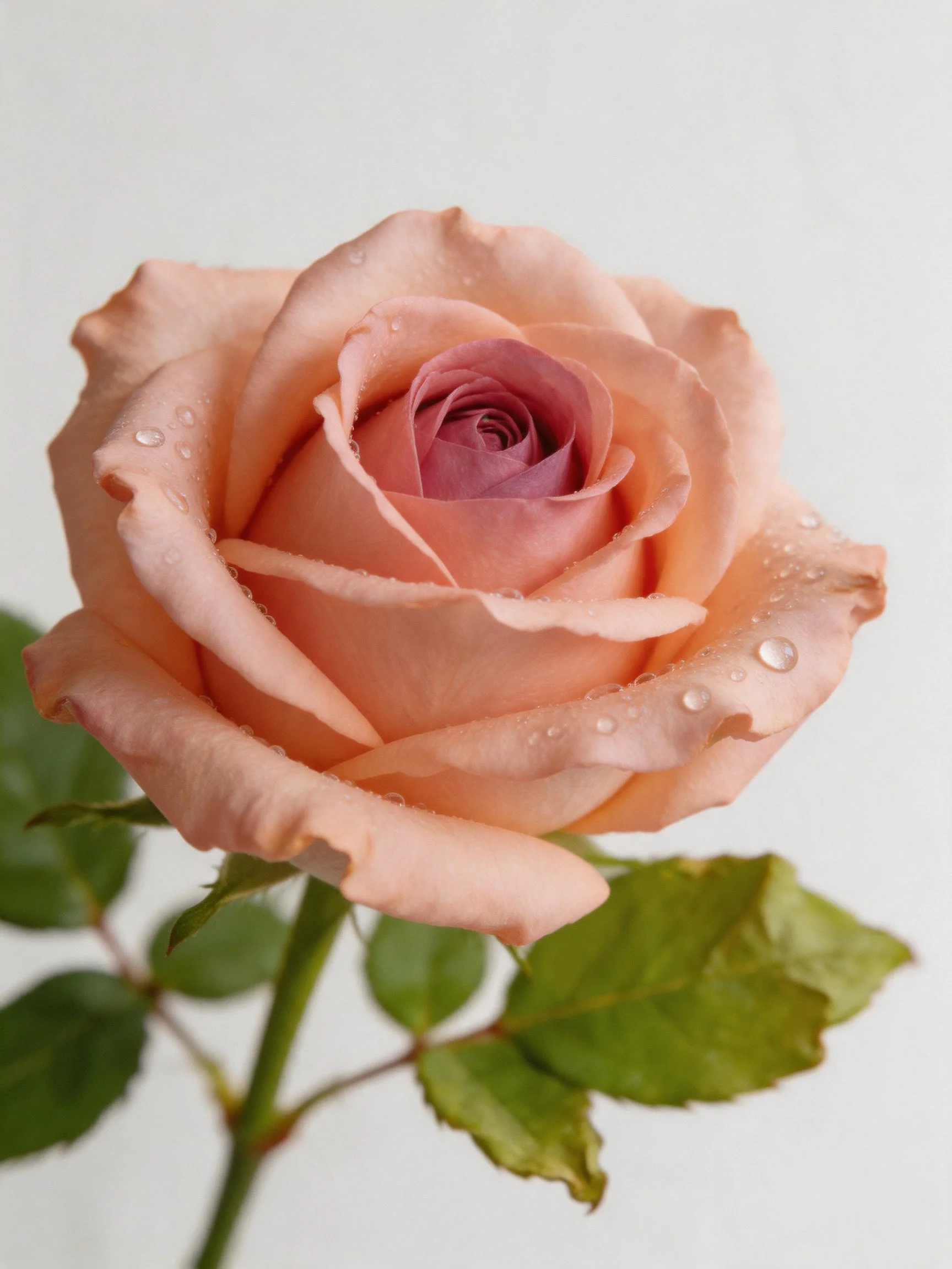 A soft pink rose with water droplets and green leaves