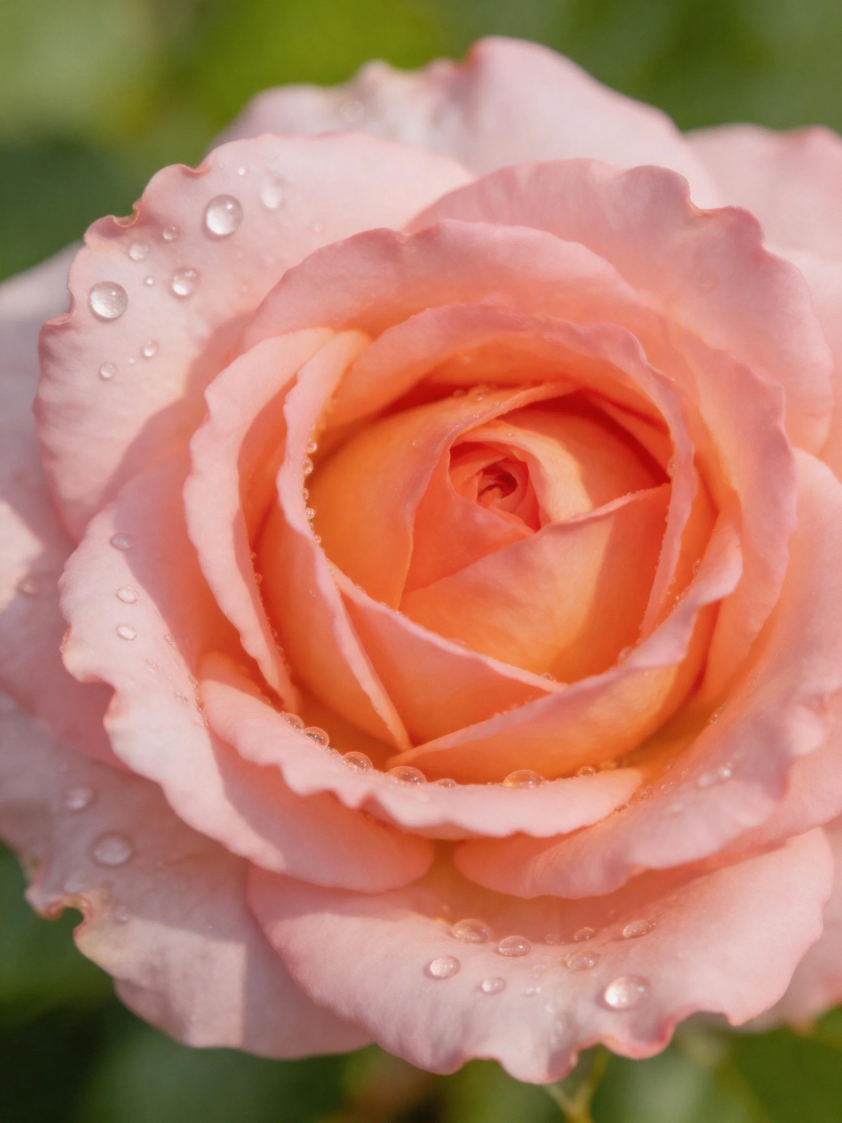 A soft pink rose with water droplets, close-up view