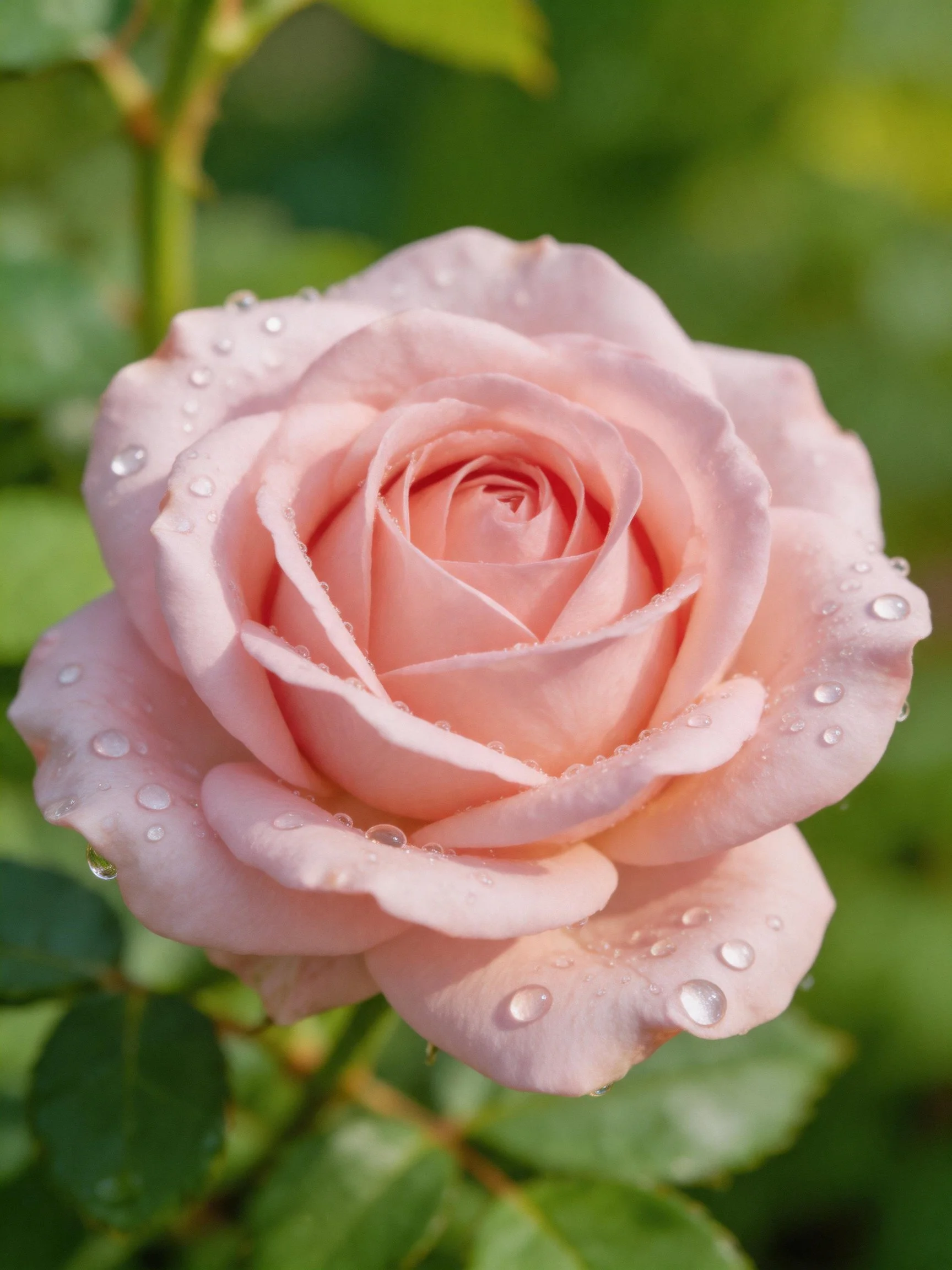 A soft pink rose with water droplets on petals
