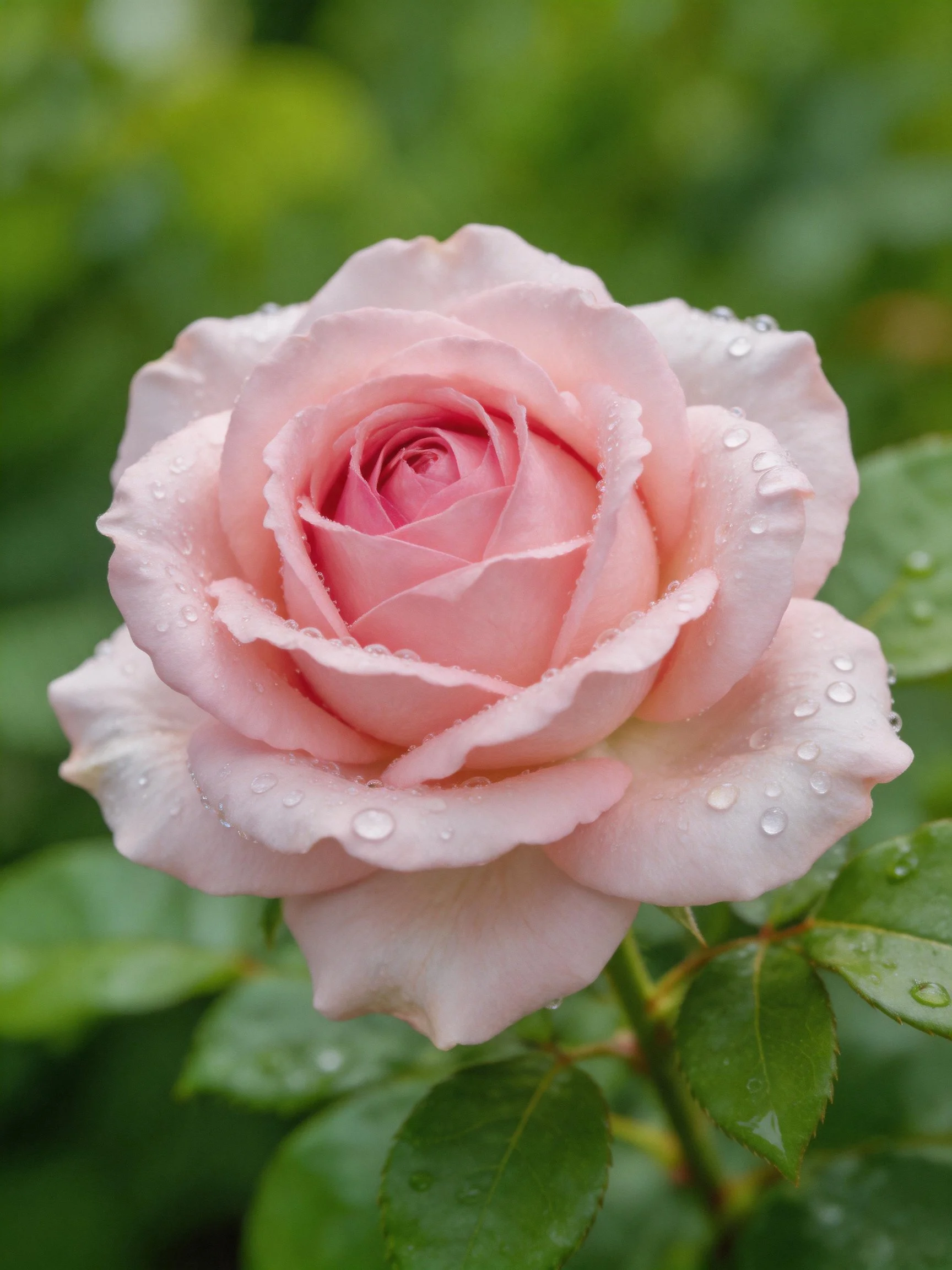 A soft pink rose with water droplets on petals and green leaves