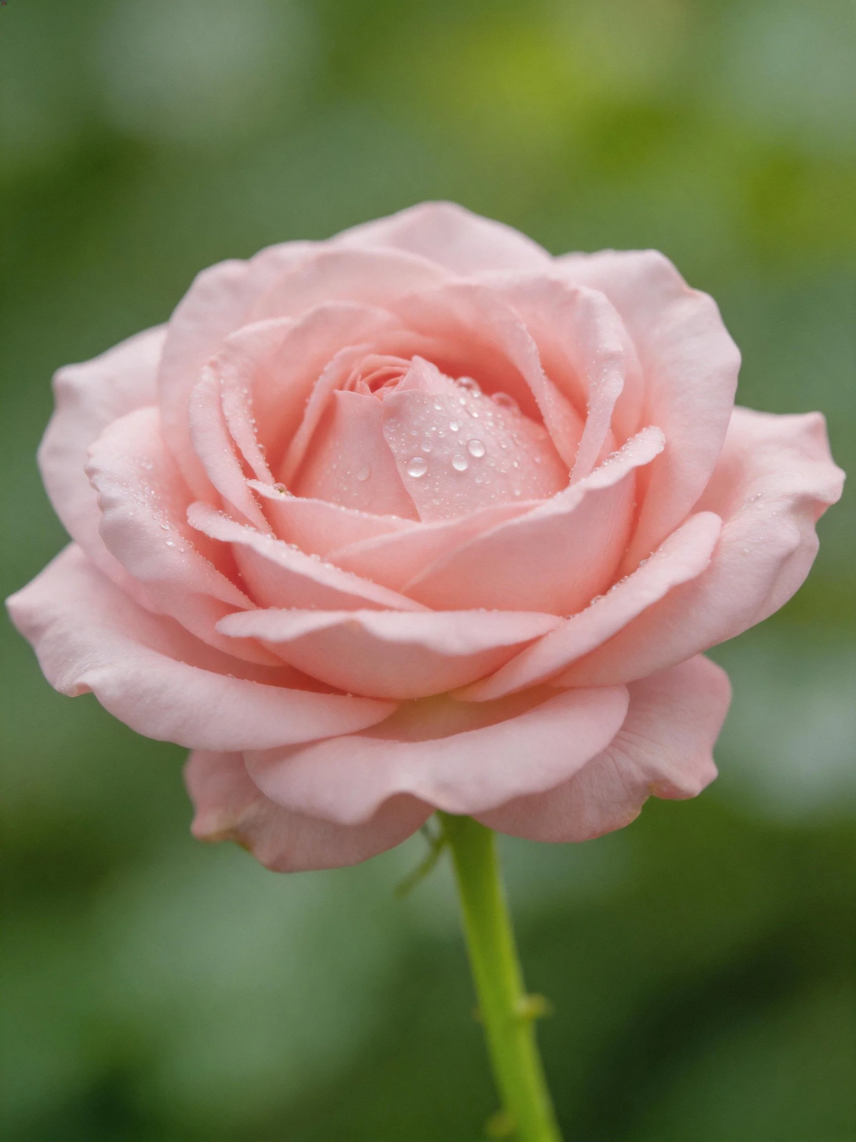 A soft pink rose with water droplets on petals