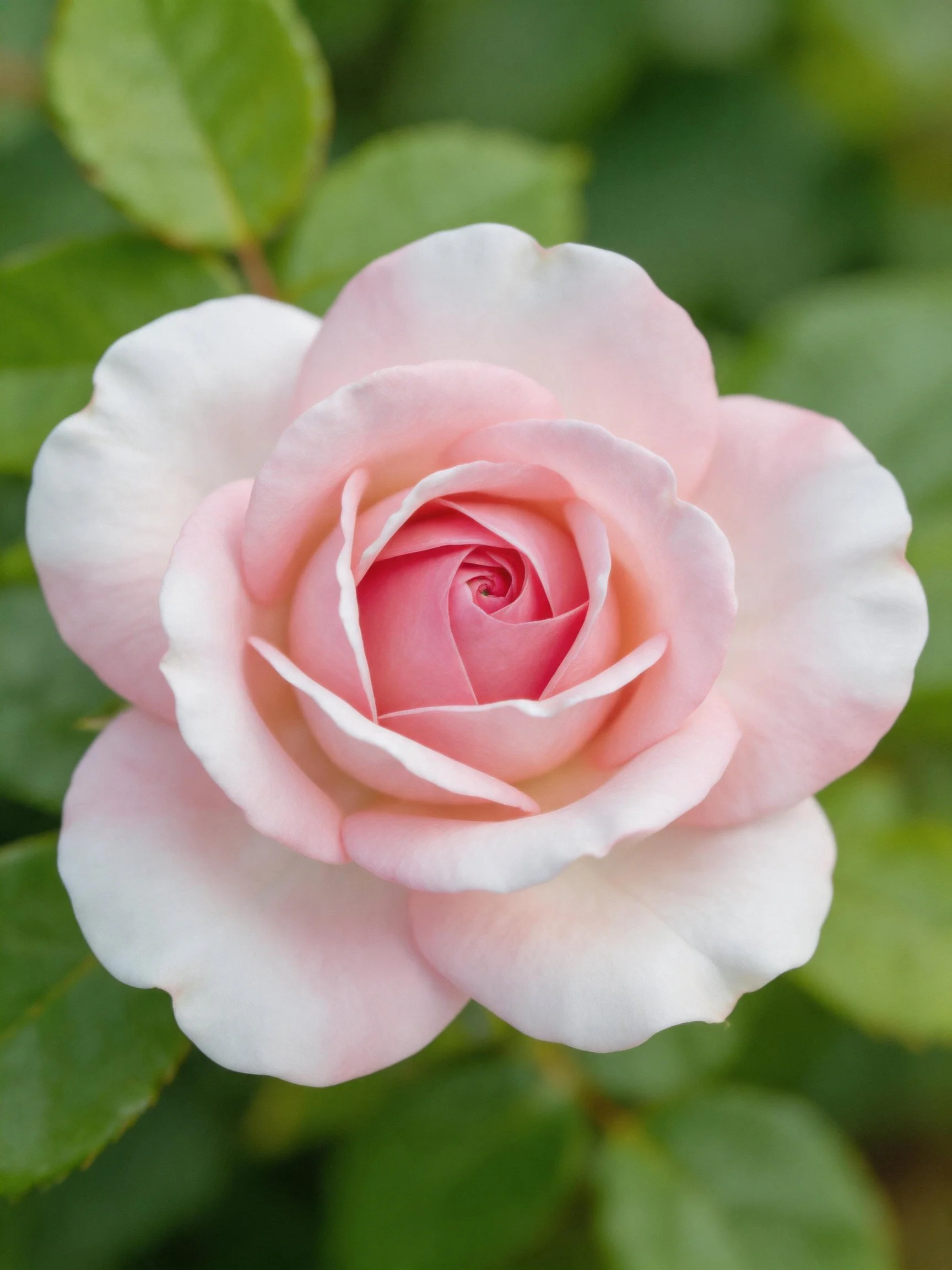 A soft pink rose with white-edged petals and green leaves