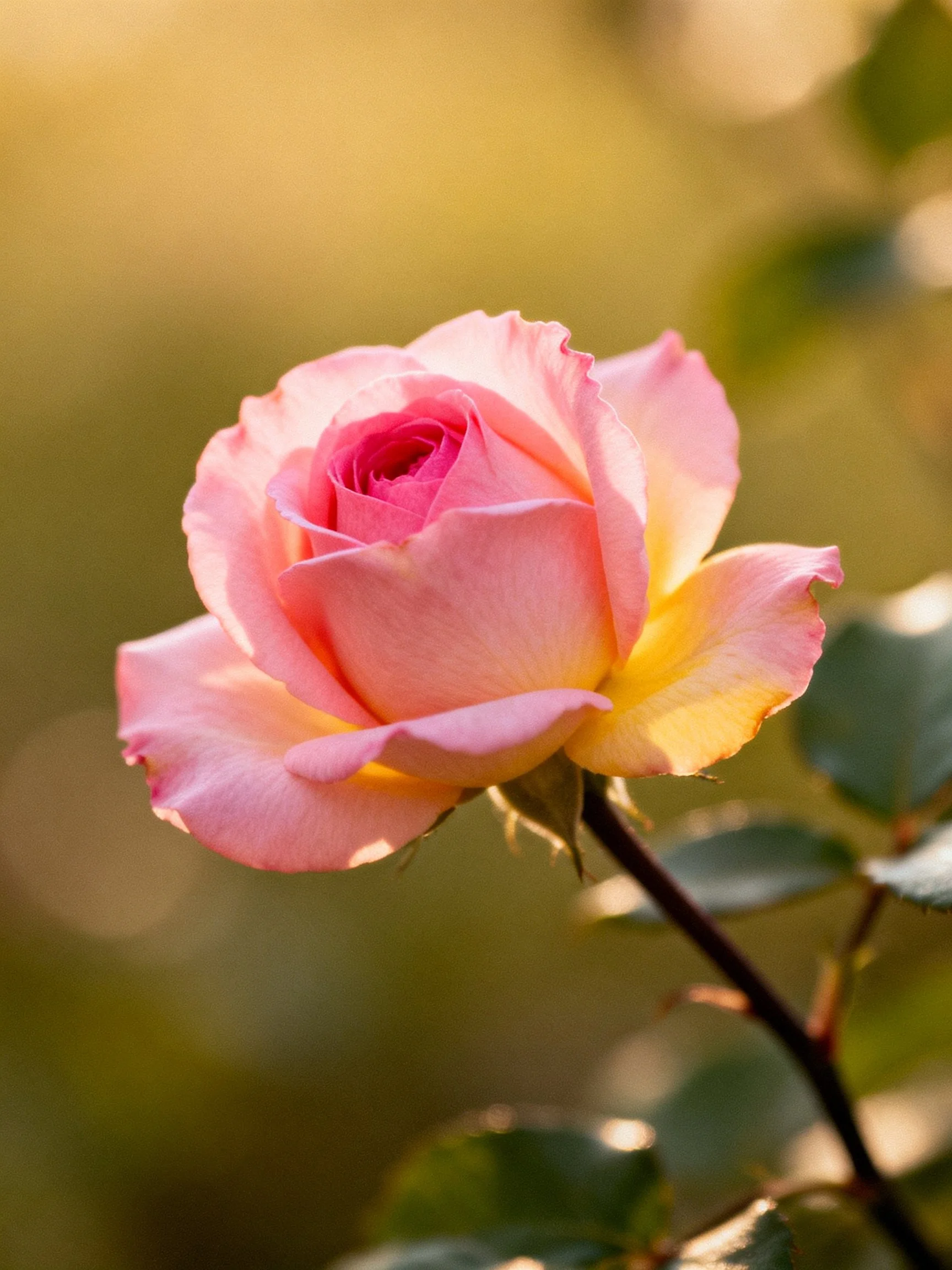 A soft pink rose with yellow accents blooming in natural light