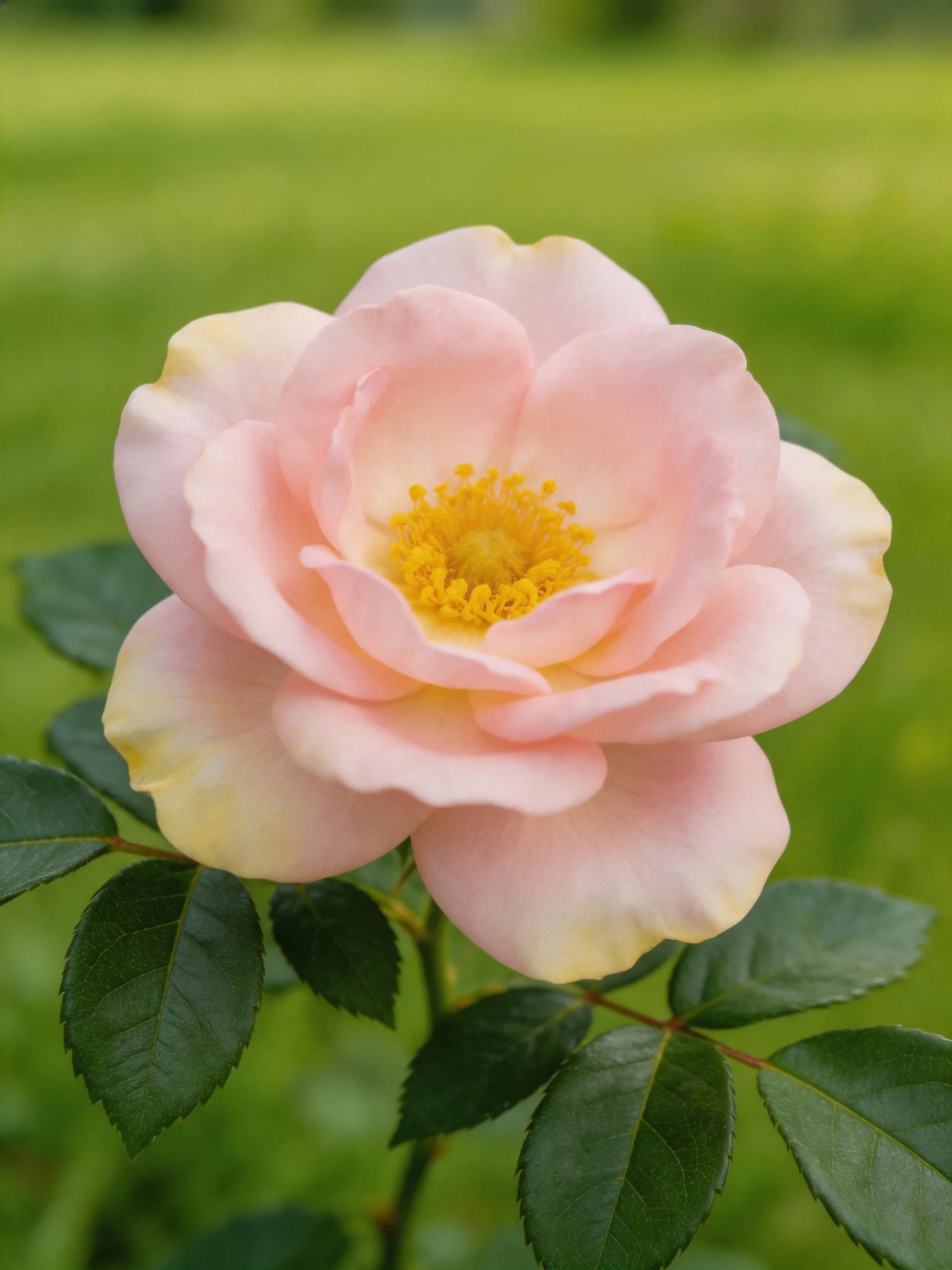 A soft pink rose with yellow center and dark green leaves