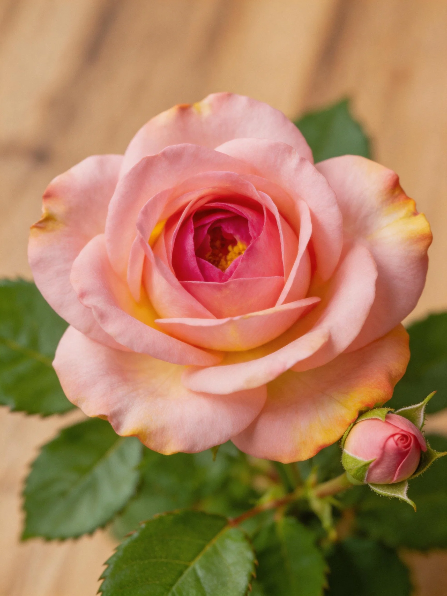 A soft pink rose with yellow-edged petals and a budding flower