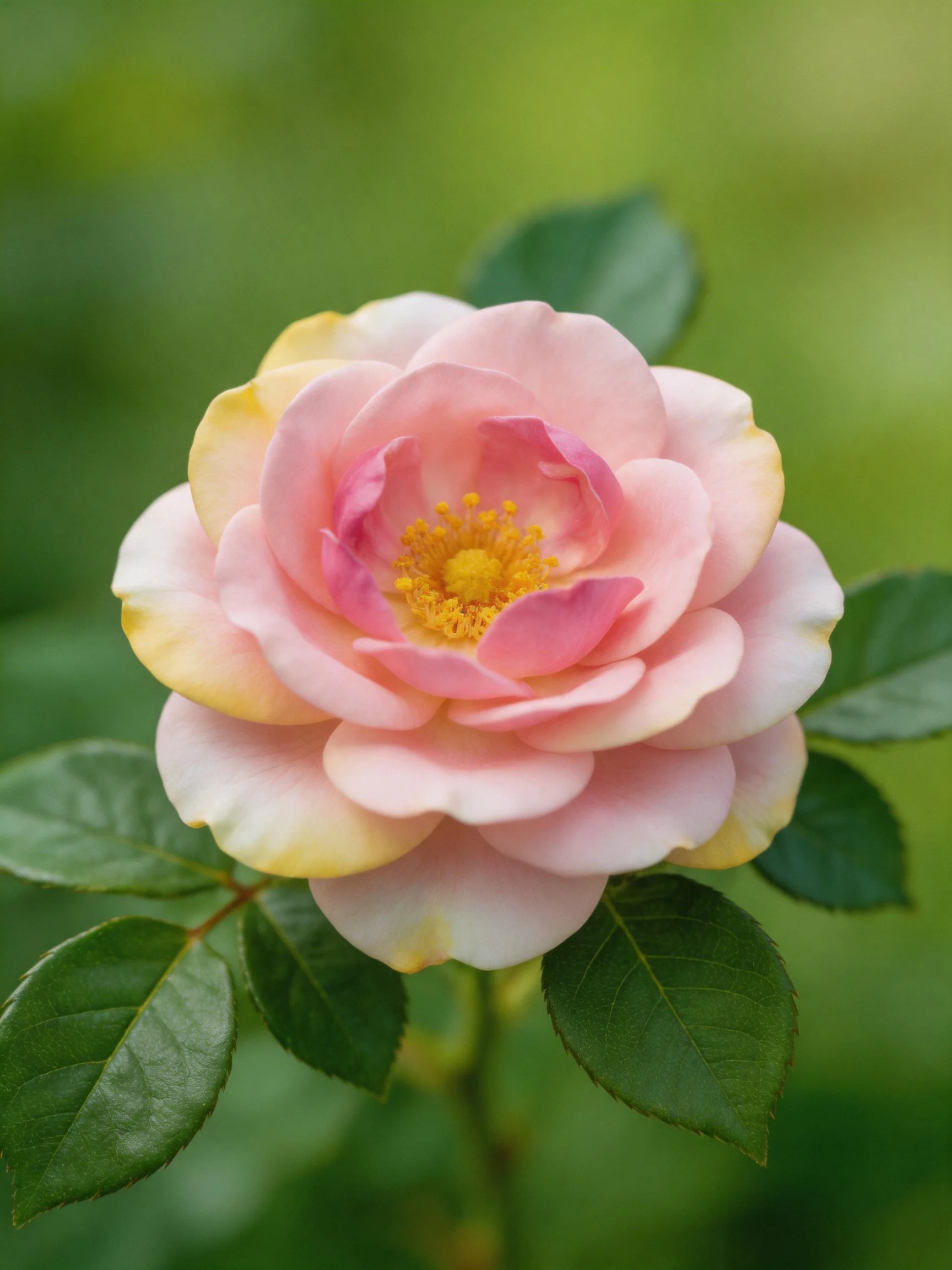A soft pink rose with yellow-edged petals and dark green leaves
