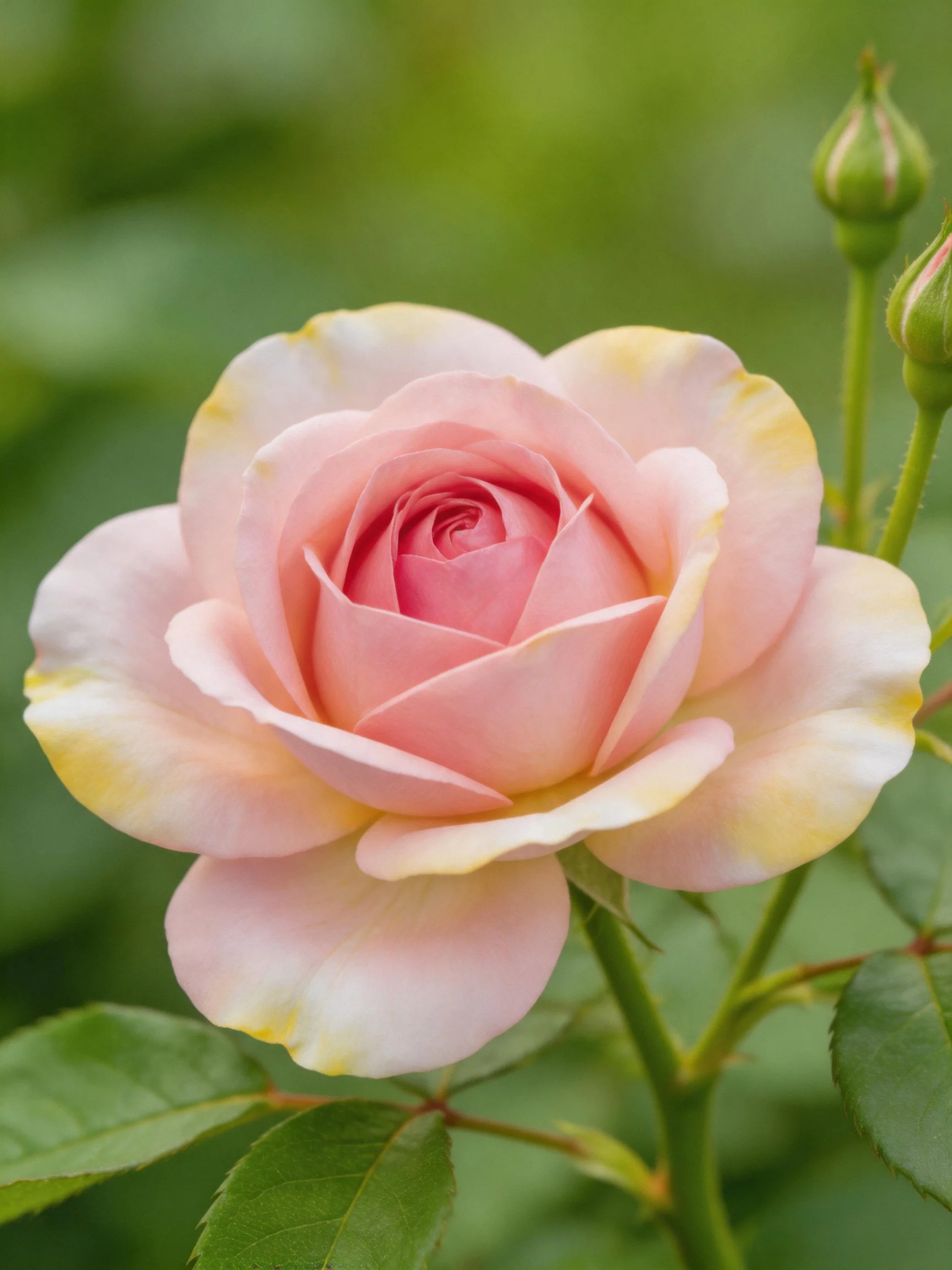 A soft pink rose with yellow-tipped petals and green buds