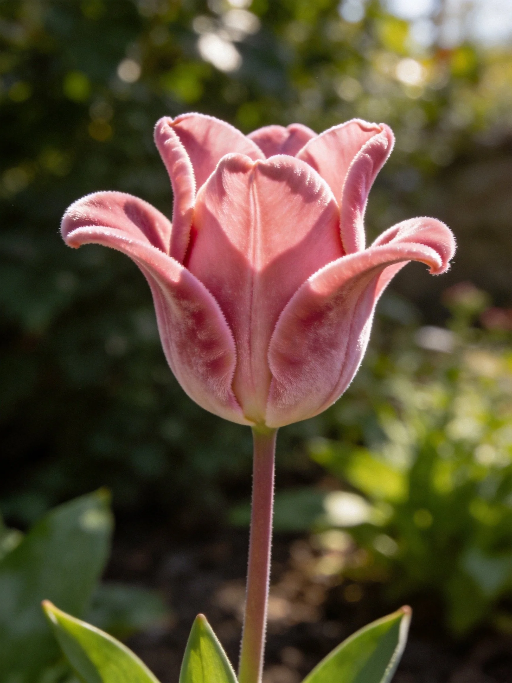 A soft pink tulip with fuzzy petals in a sunlit garden