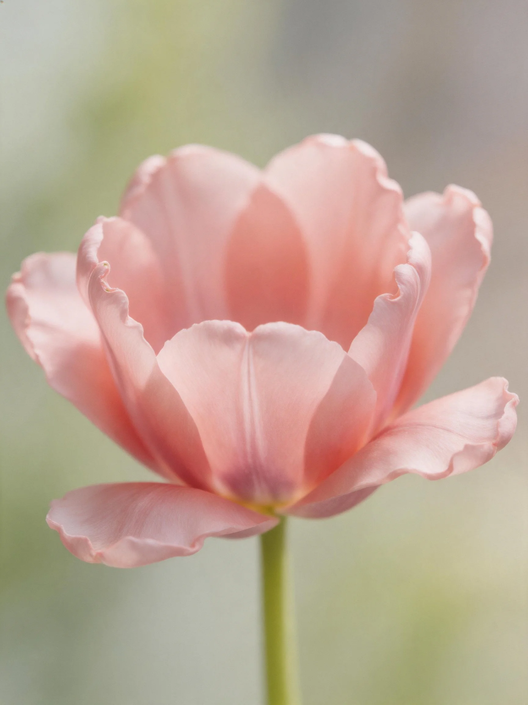 A soft pink tulip with ruffled edges and a slender green stem