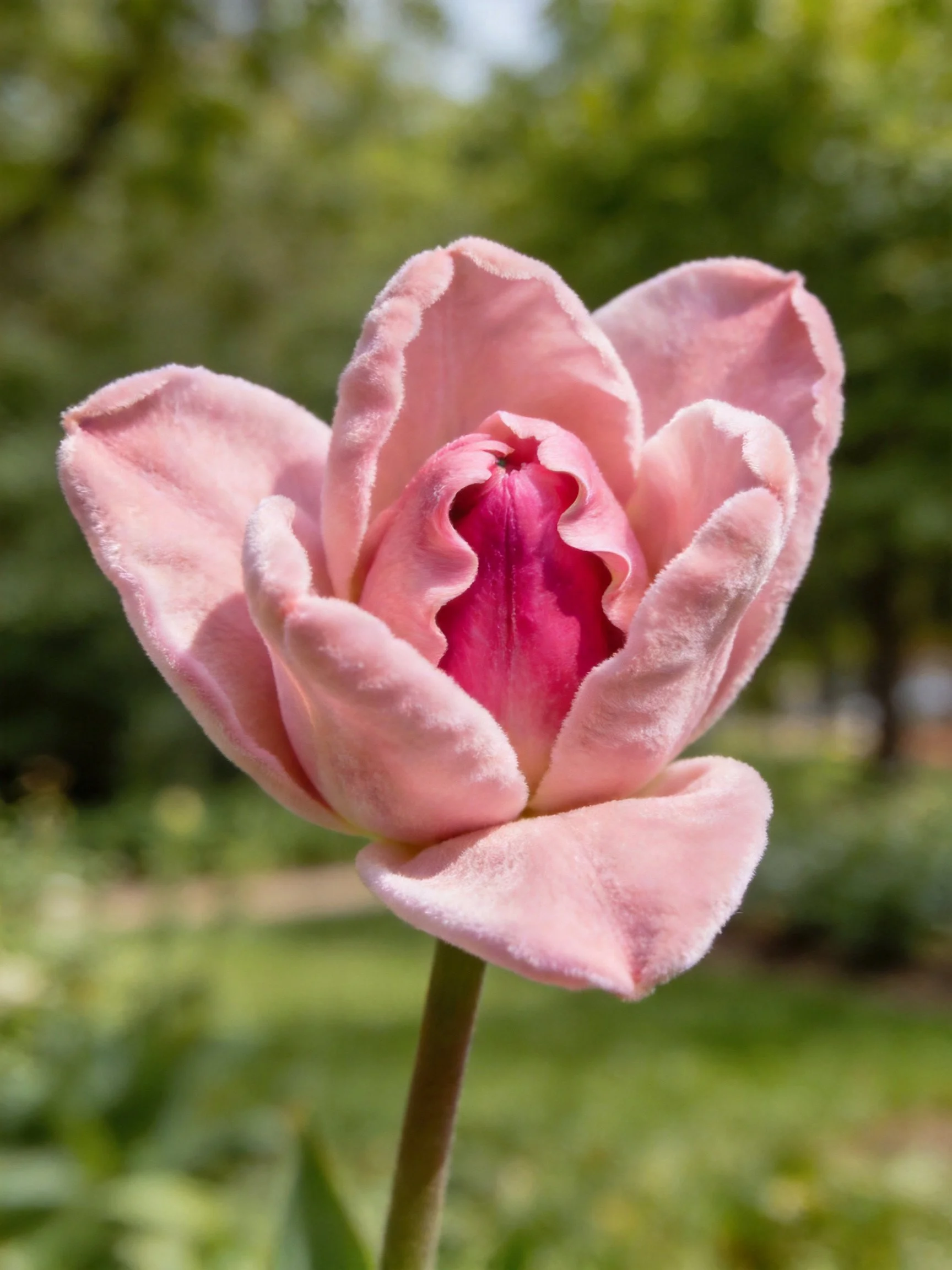 A soft pink tulip with ruffled petals and a magenta center
