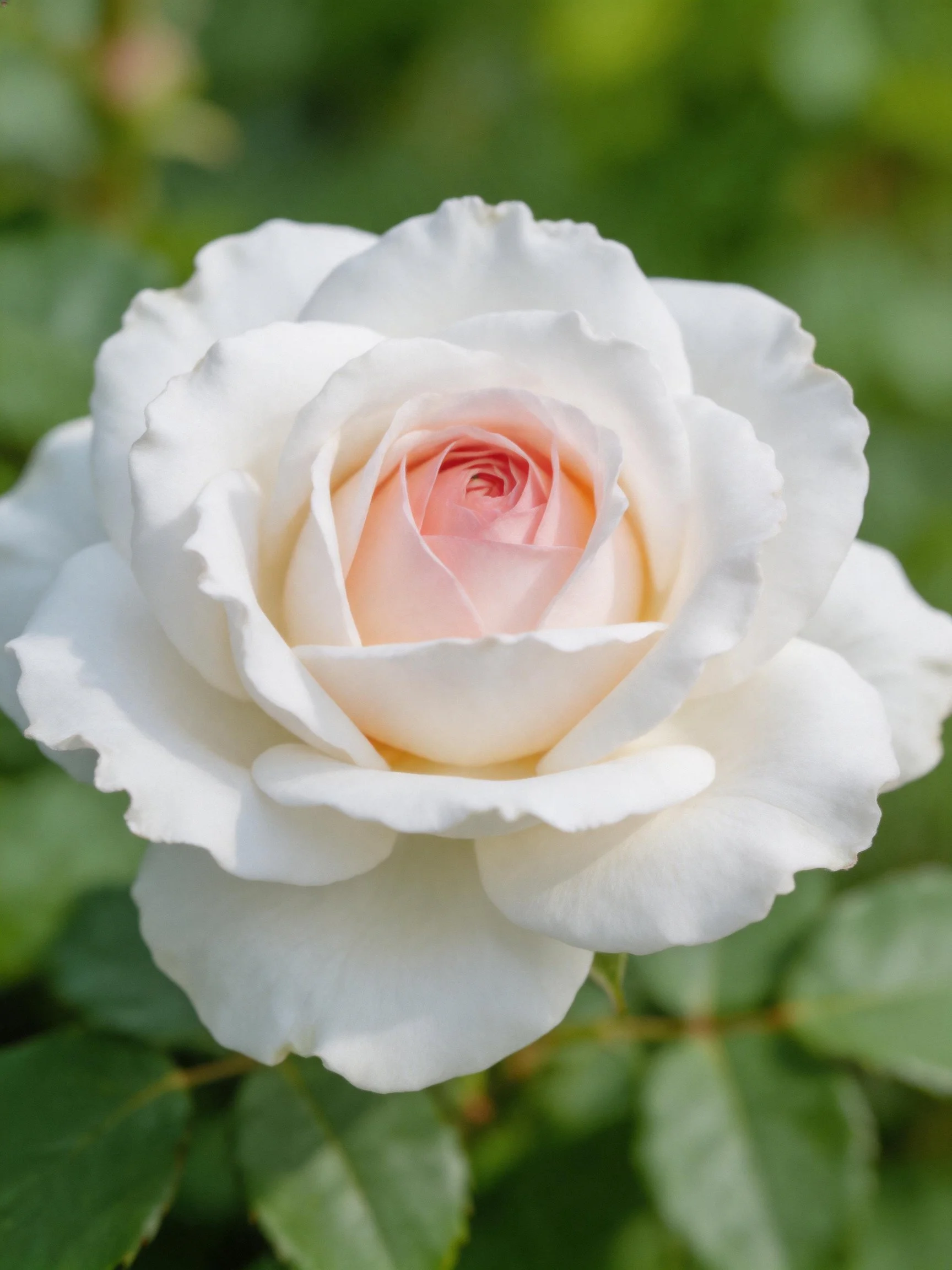 A soft white rose with pink center amid green foliage