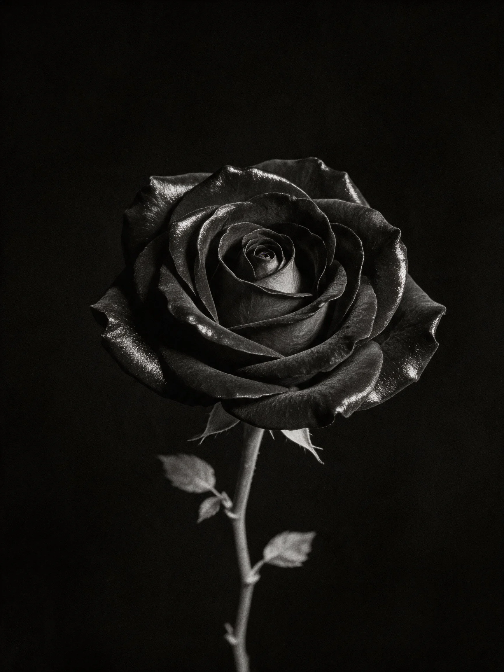 A solitary black rose with glossy petals on a dark backdrop