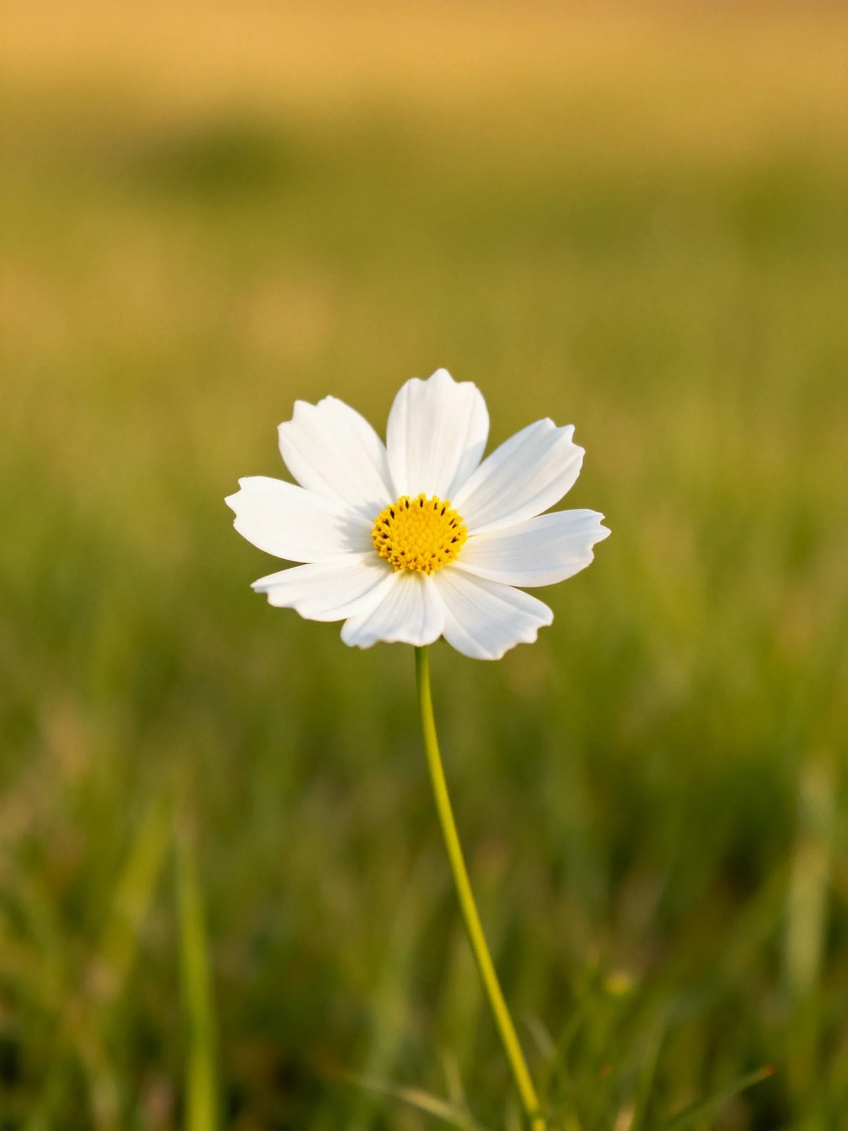 A solitary white cosmos flower with yellow center on green stem