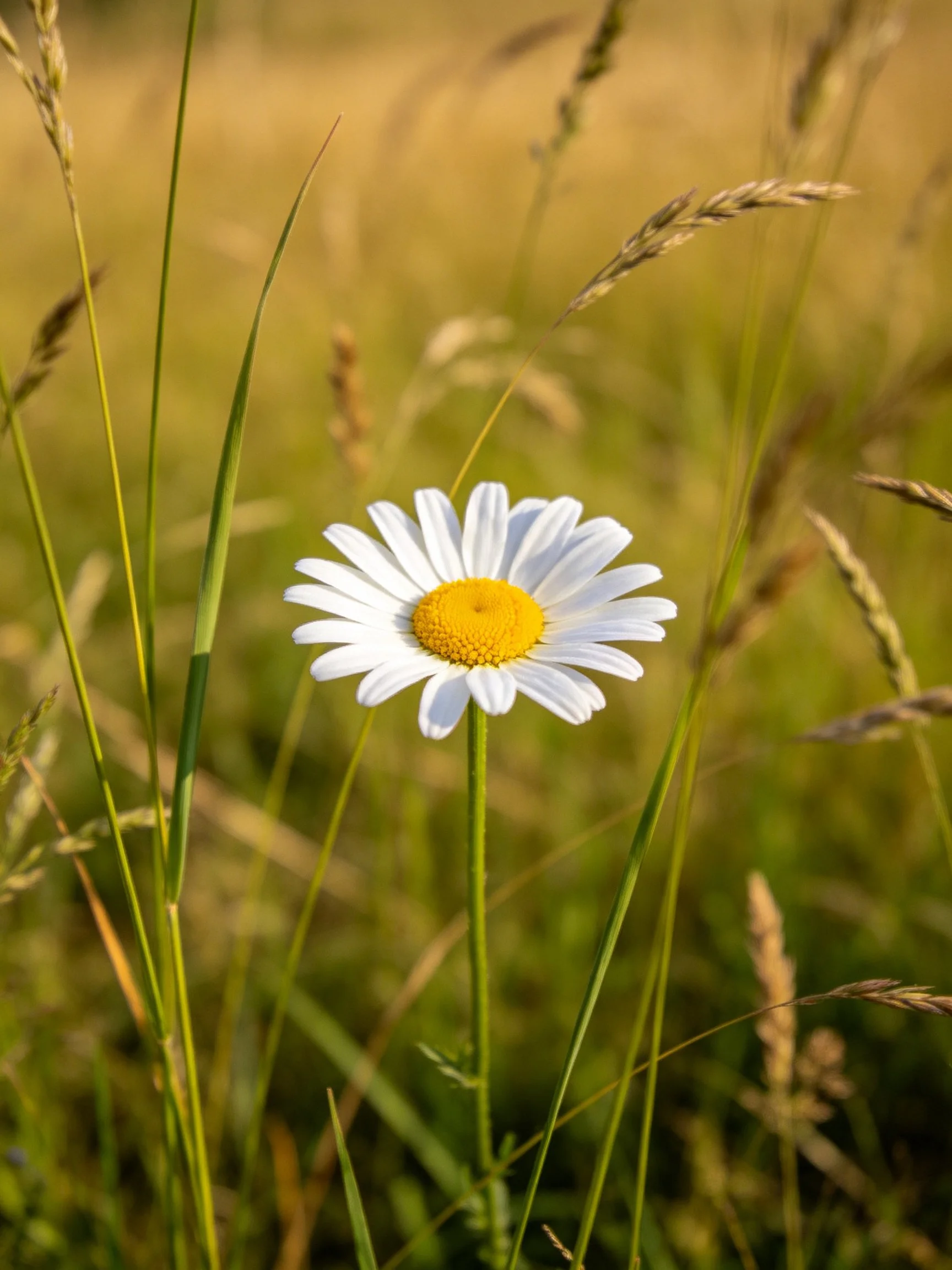 A solitary white daisy amidst tall green and golden grasses