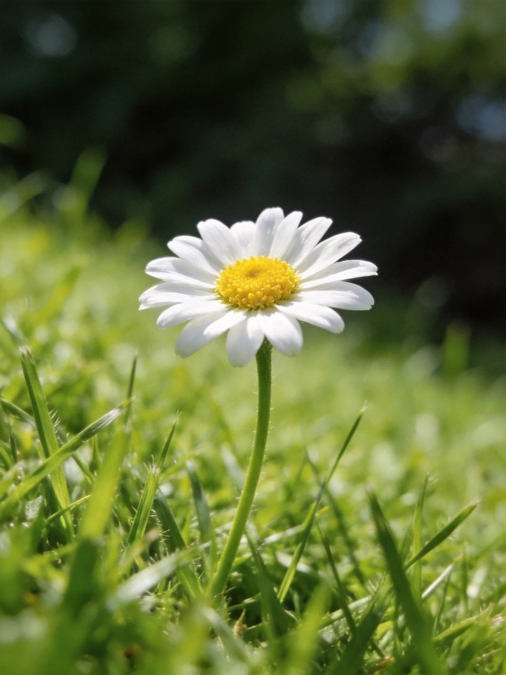A solitary white daisy blooms amid lush green grass
