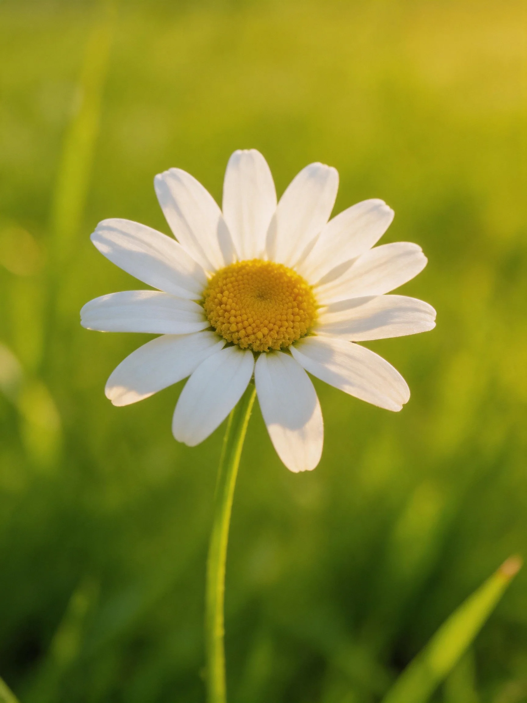 A solitary white daisy with yellow center amid soft green bokeh