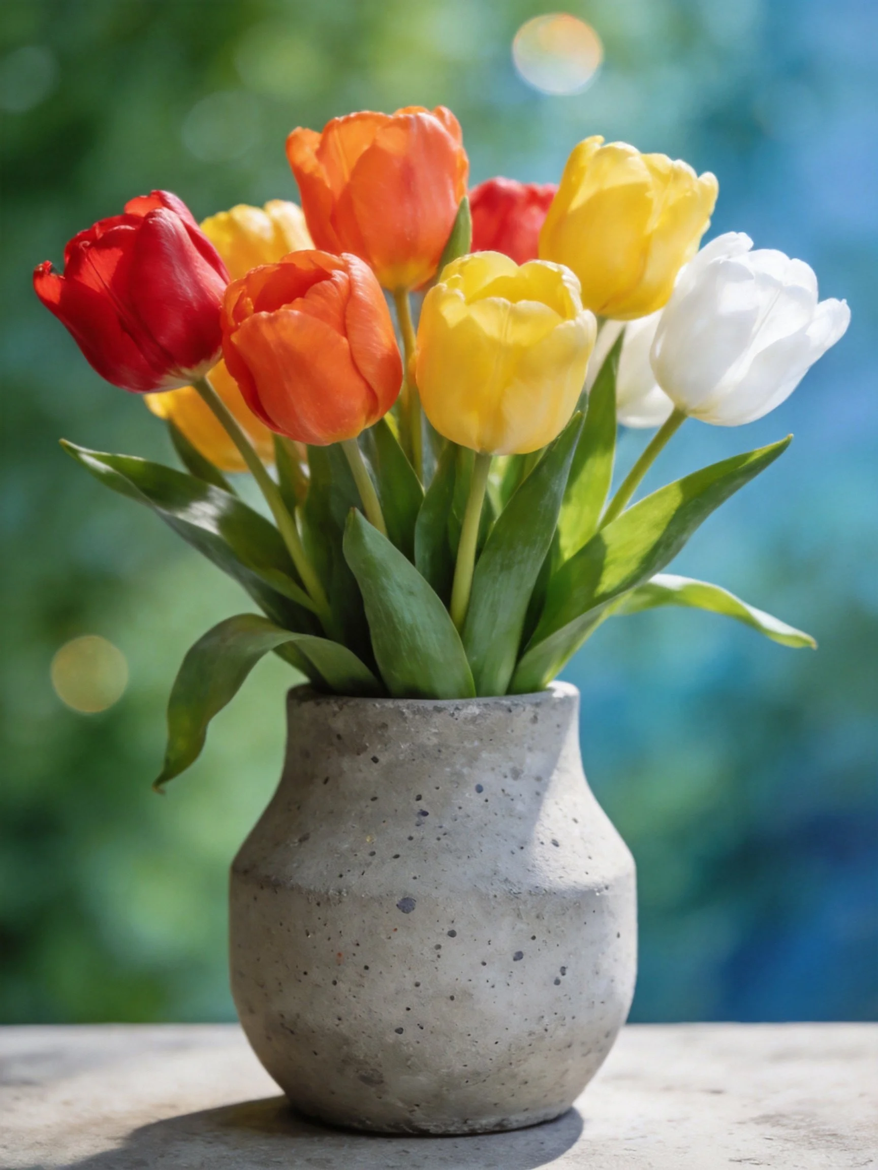 A speckled concrete vase displays colorful tulips in various hues