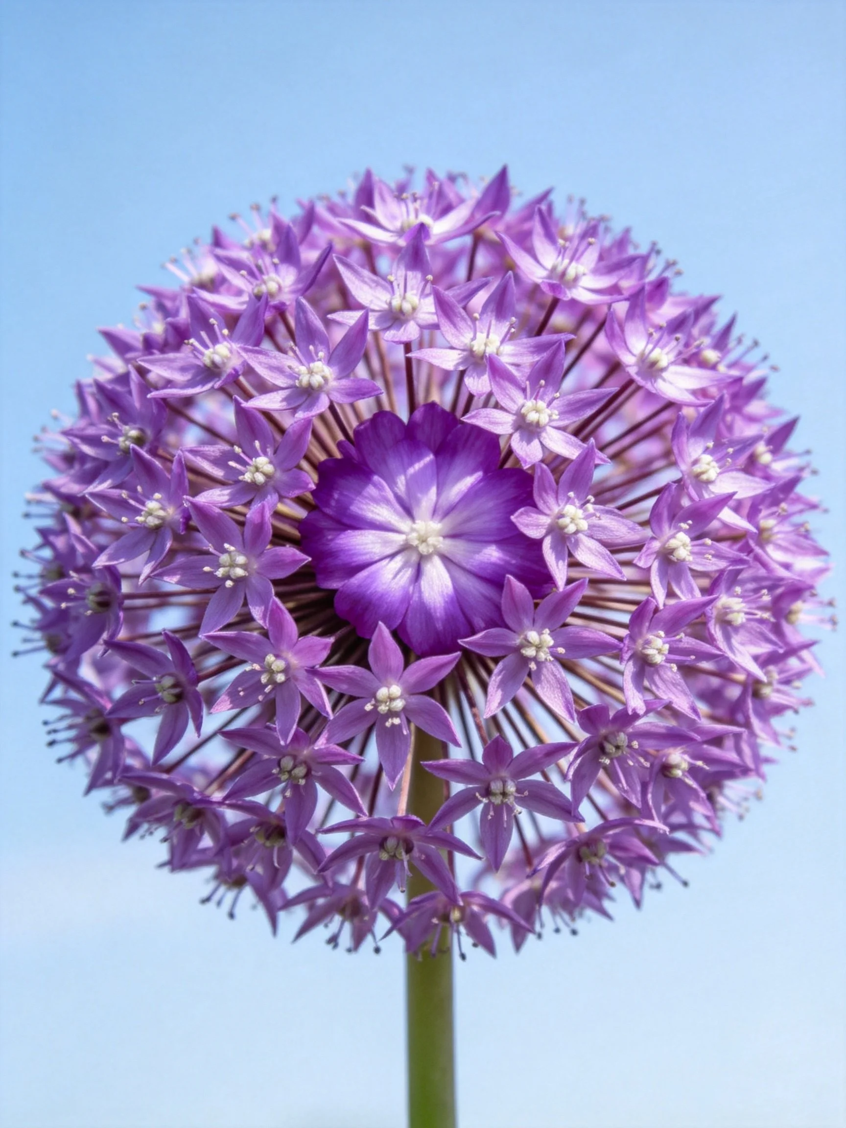 A spherical cluster of vibrant purple allium blooms against a clear blue sky