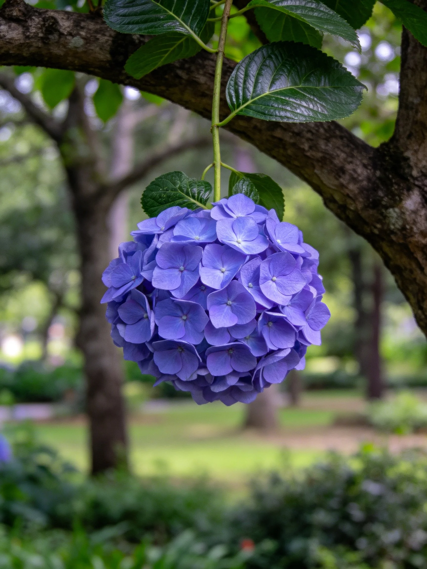 A spherical purple hydrangea hangs from a tree branch