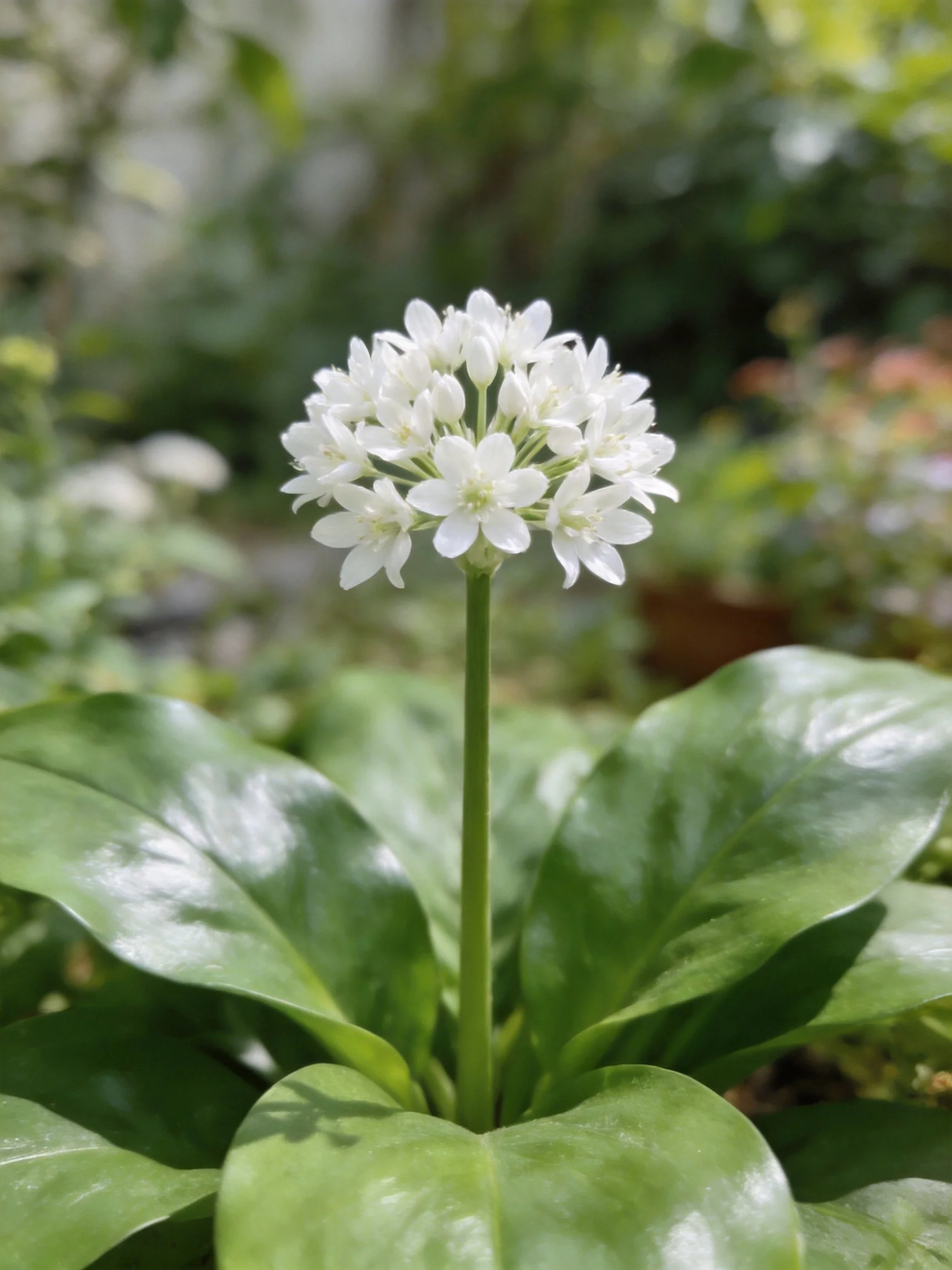 A spherical white flower cluster with broad glossy green leaves