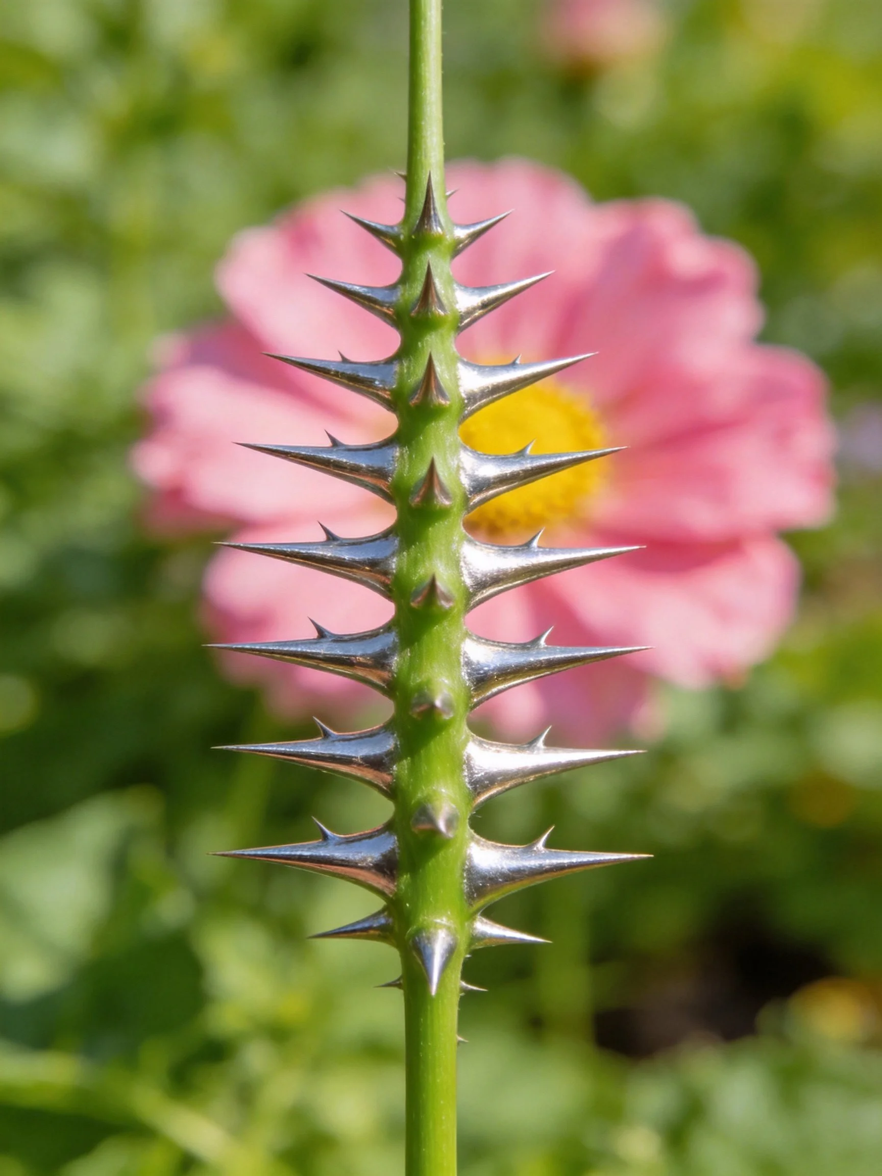 A spiky green stem with silver thorns near a pink flower
