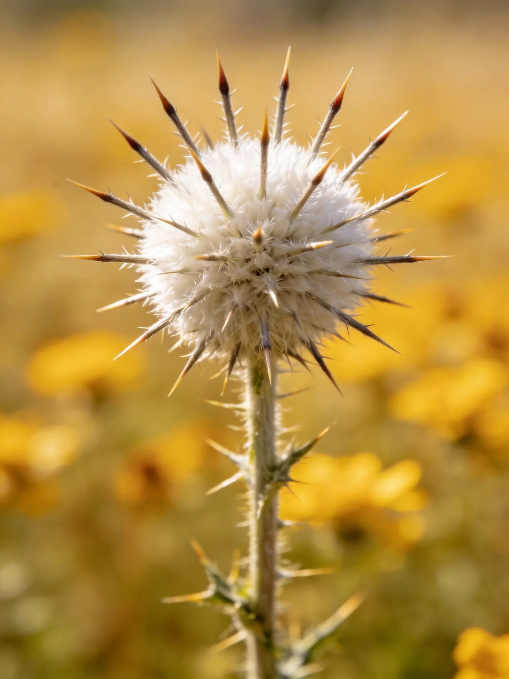A spiky white spherical flower with long thorns