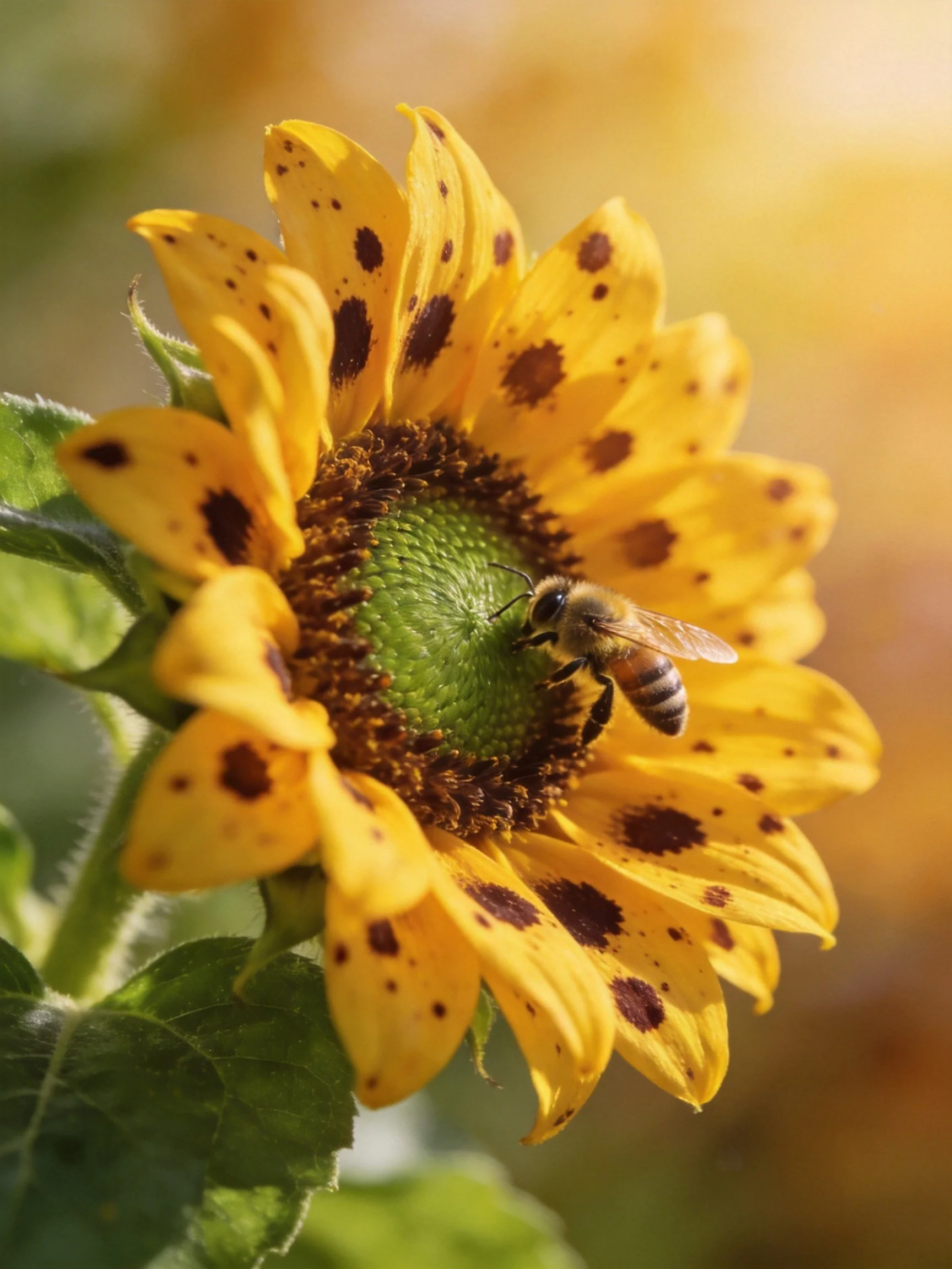A spotted yellow sunflower with a honeybee on its center