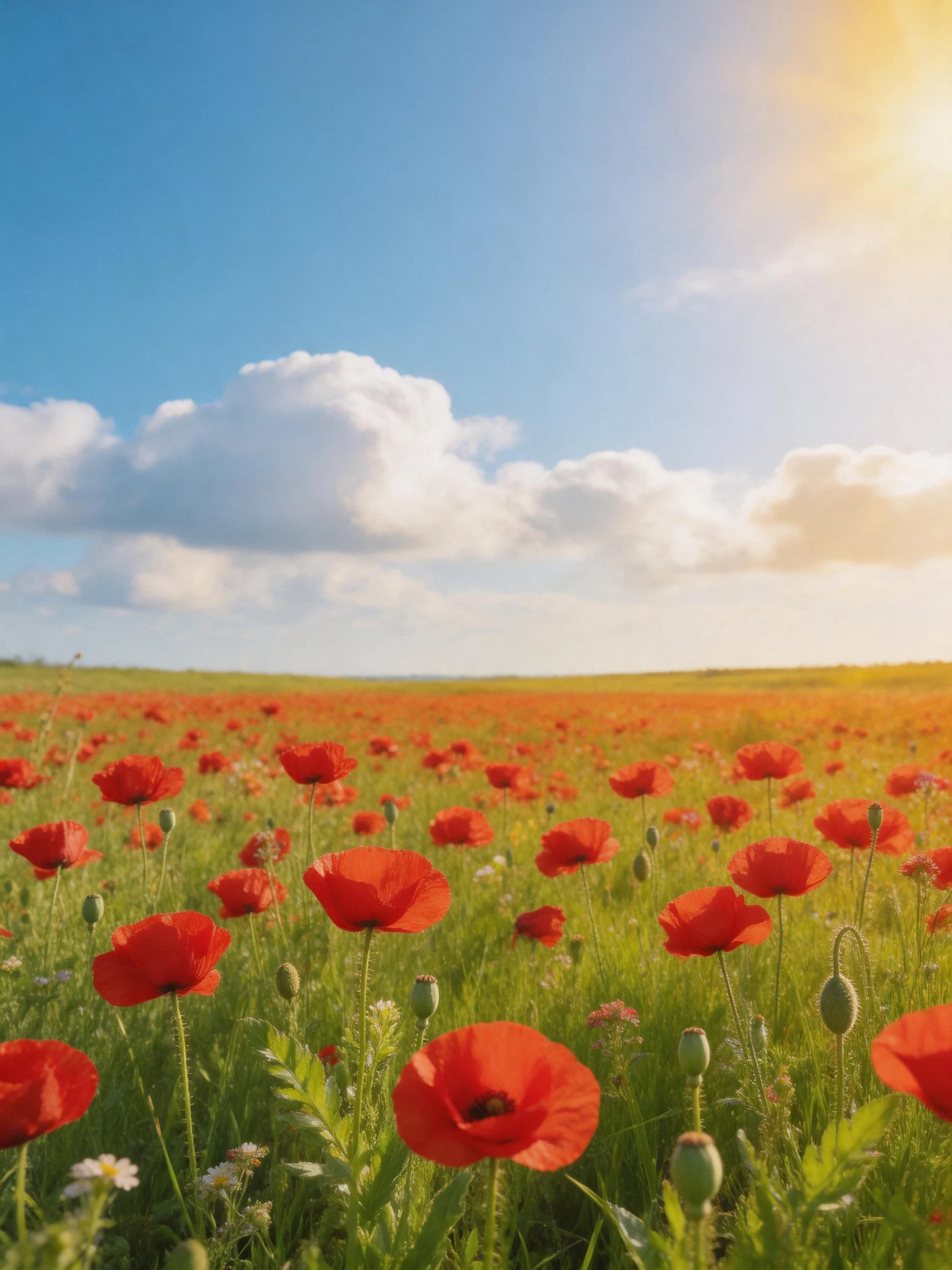 A sprawling field of bright red poppies amid green grass under sunny skies